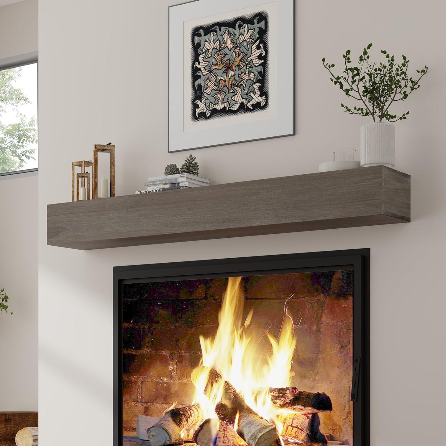 Mantel de chimenea Estantes flotantes de madera de 48 pulgadas de ancho Viga
