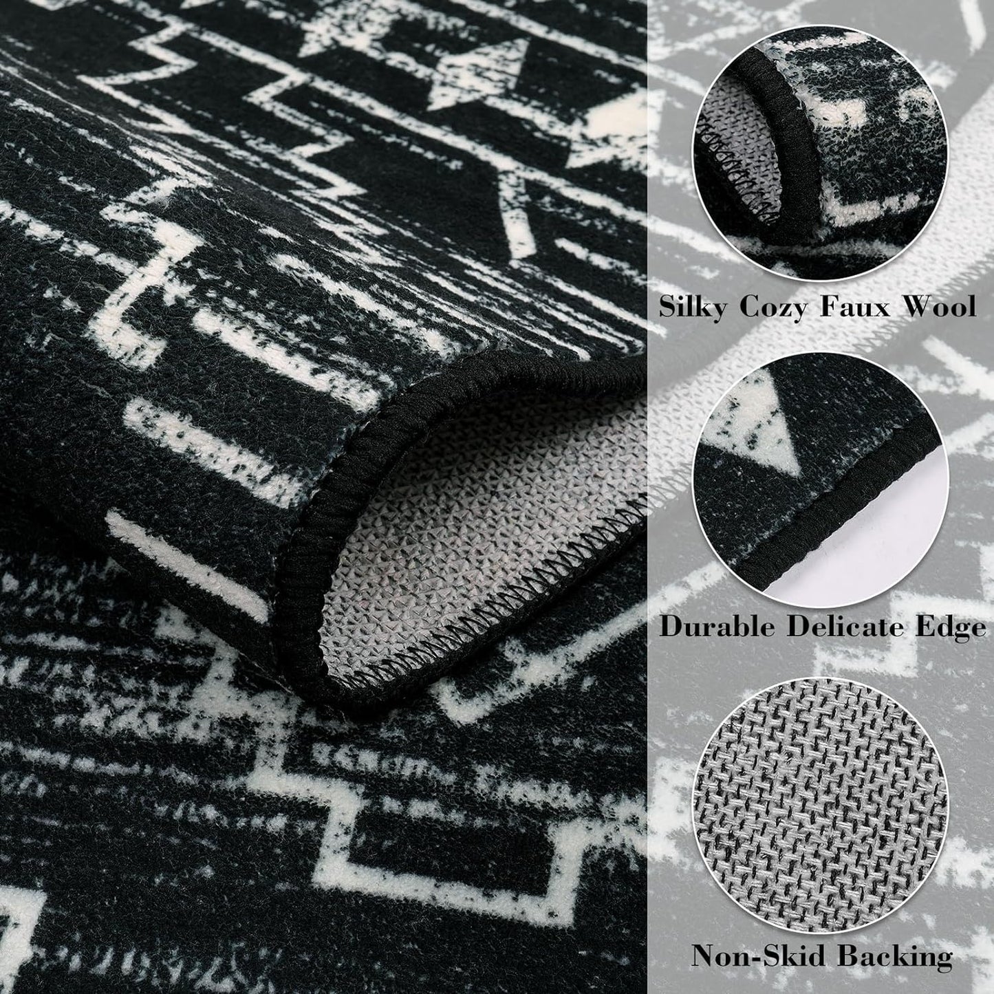Alfombra de pasillo de cocina lavable de 2 x 6, tapete marroquí negro para