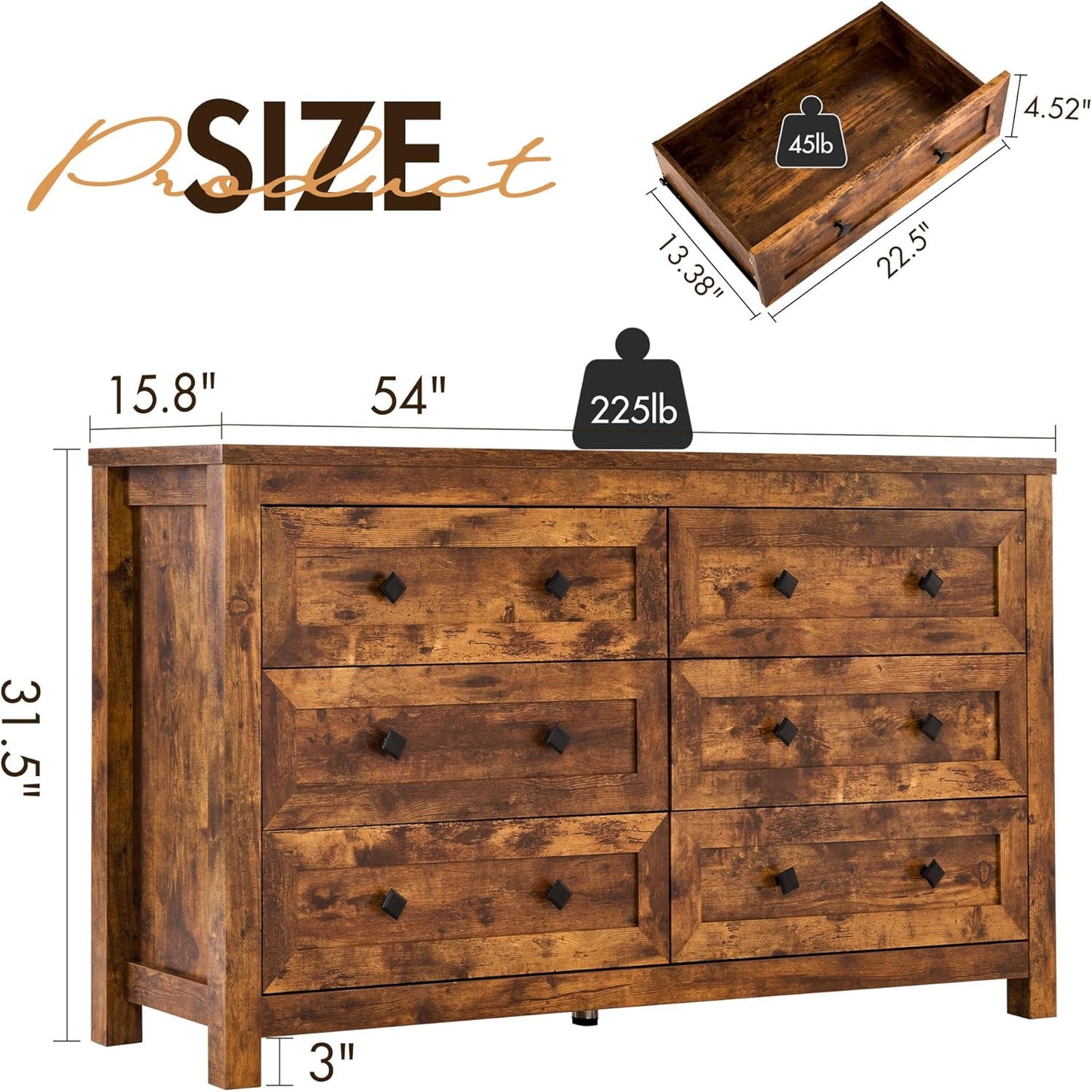 Cómoda de 6 cajones para dormitorio, cómoda de madera de granja con textura de