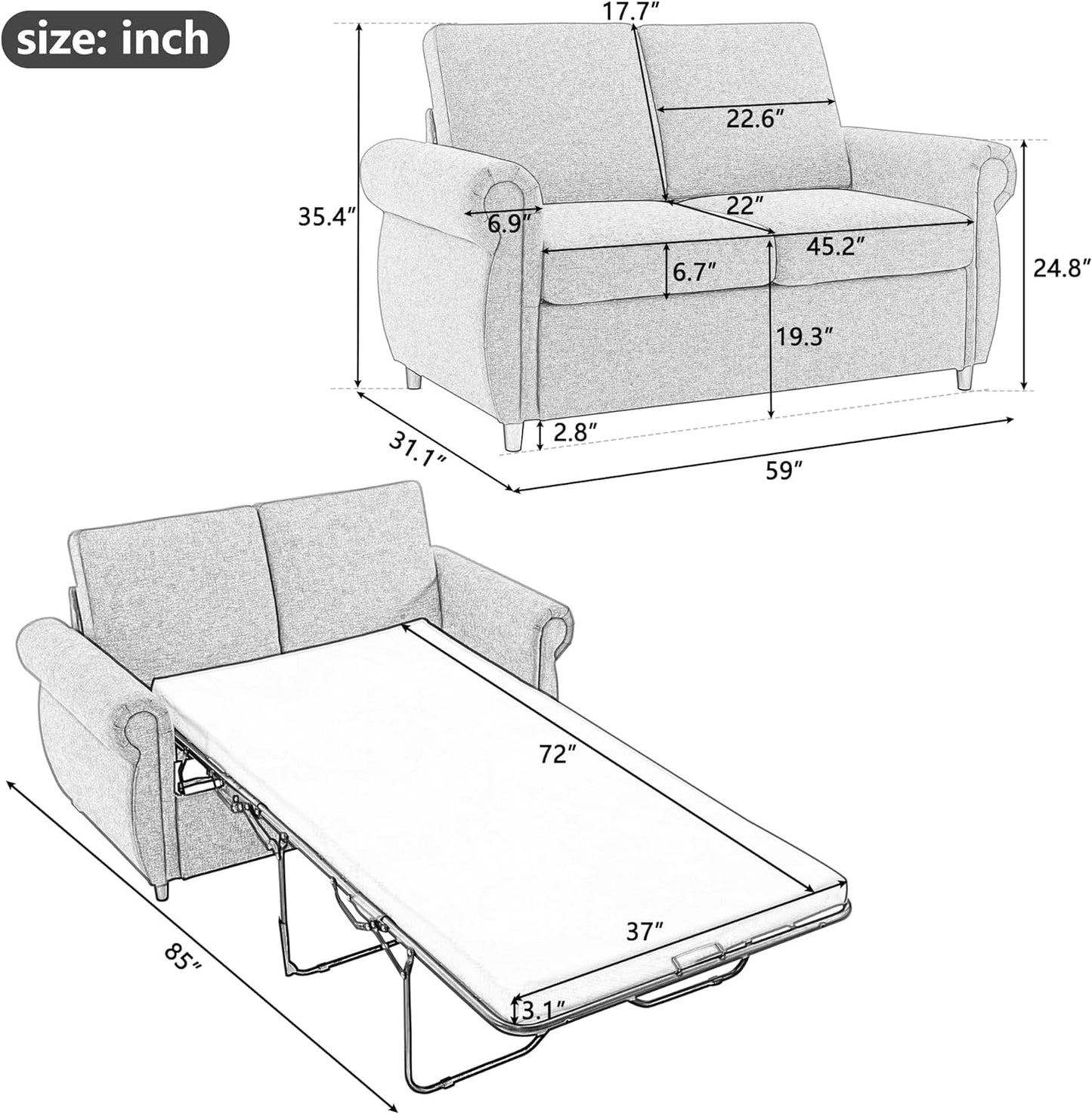Sofá cama pequeño para sala de estar o dormitorio, incluye sofá cama extraíble,