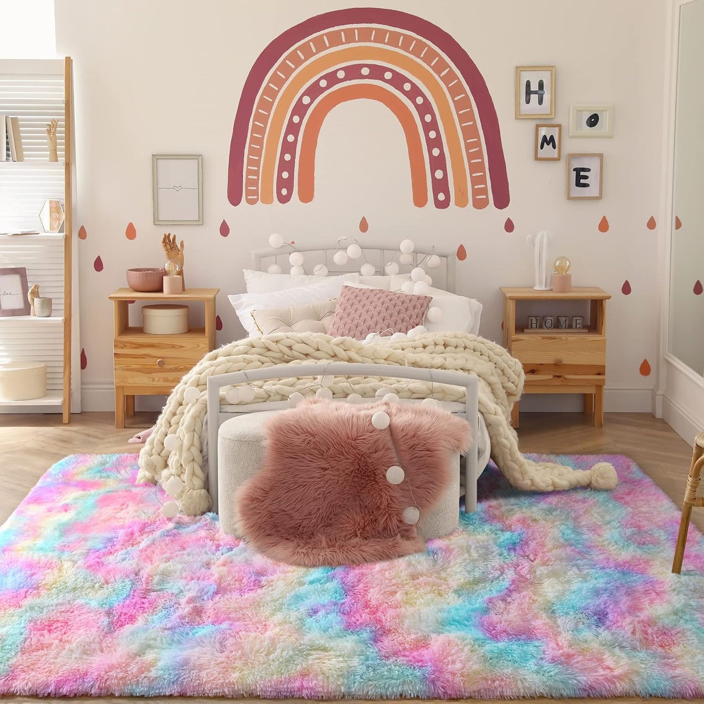 Bonita alfombra de área de arcoíris para dormitorio de niñas, alfombra mullida