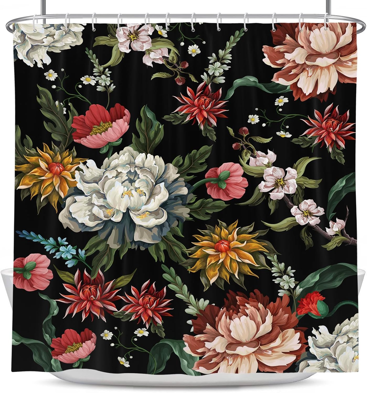 Cortina de ducha floral vintage bohemia negra con flores oscuras, acuarela