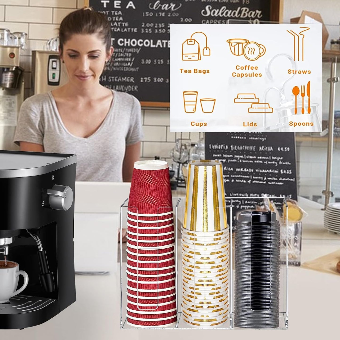 Dispensador de taza de café para mostrador, tapas desechables para tazas y
