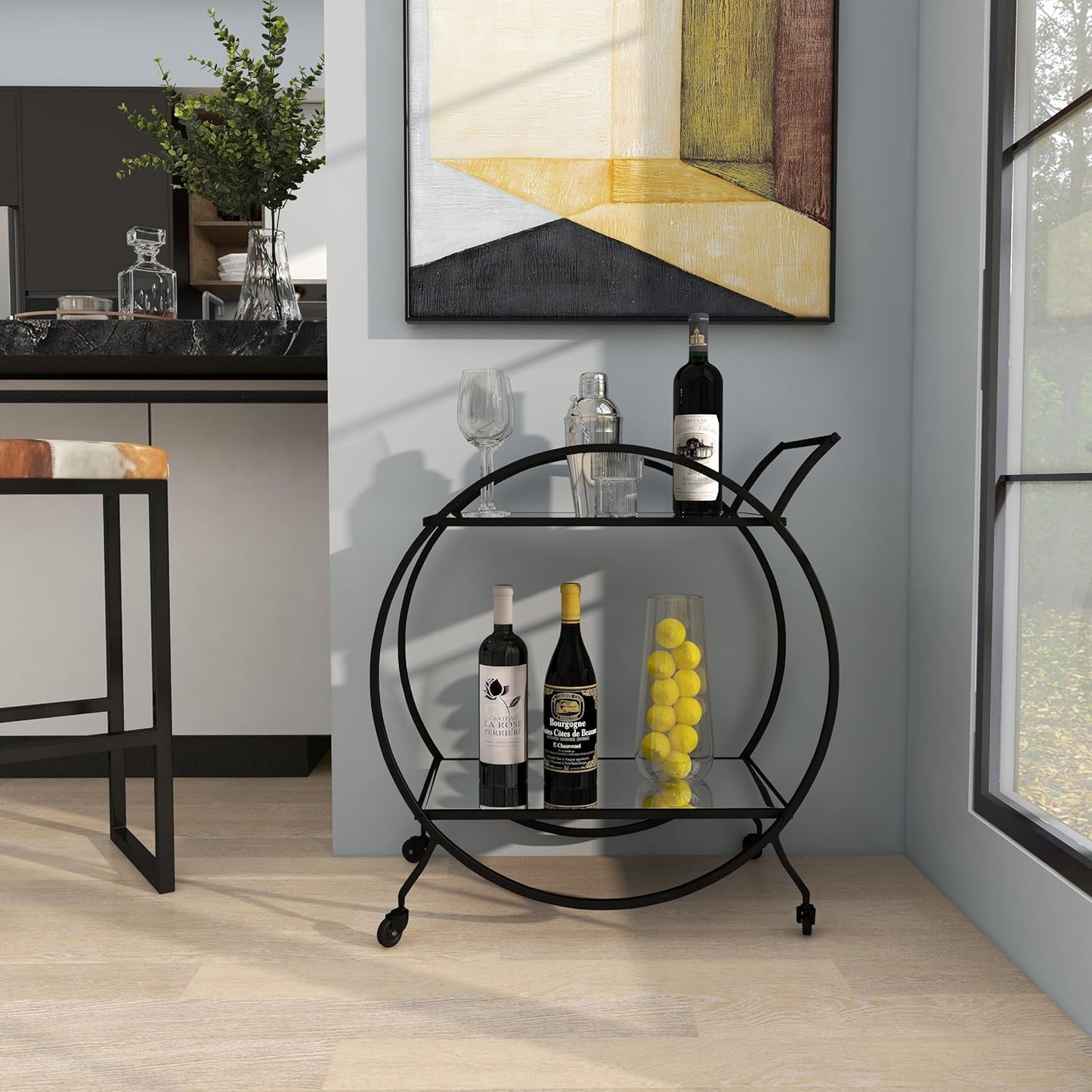 Carrito de barra redonda de metal con ruedas y asa, 14 "x 28" x 30 ", negro
