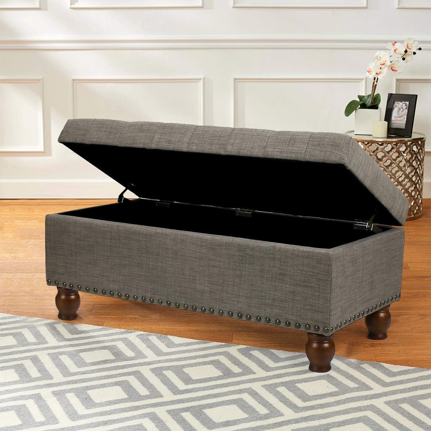 Banco otomano rectangular de tela de lino con parte superior levantada,