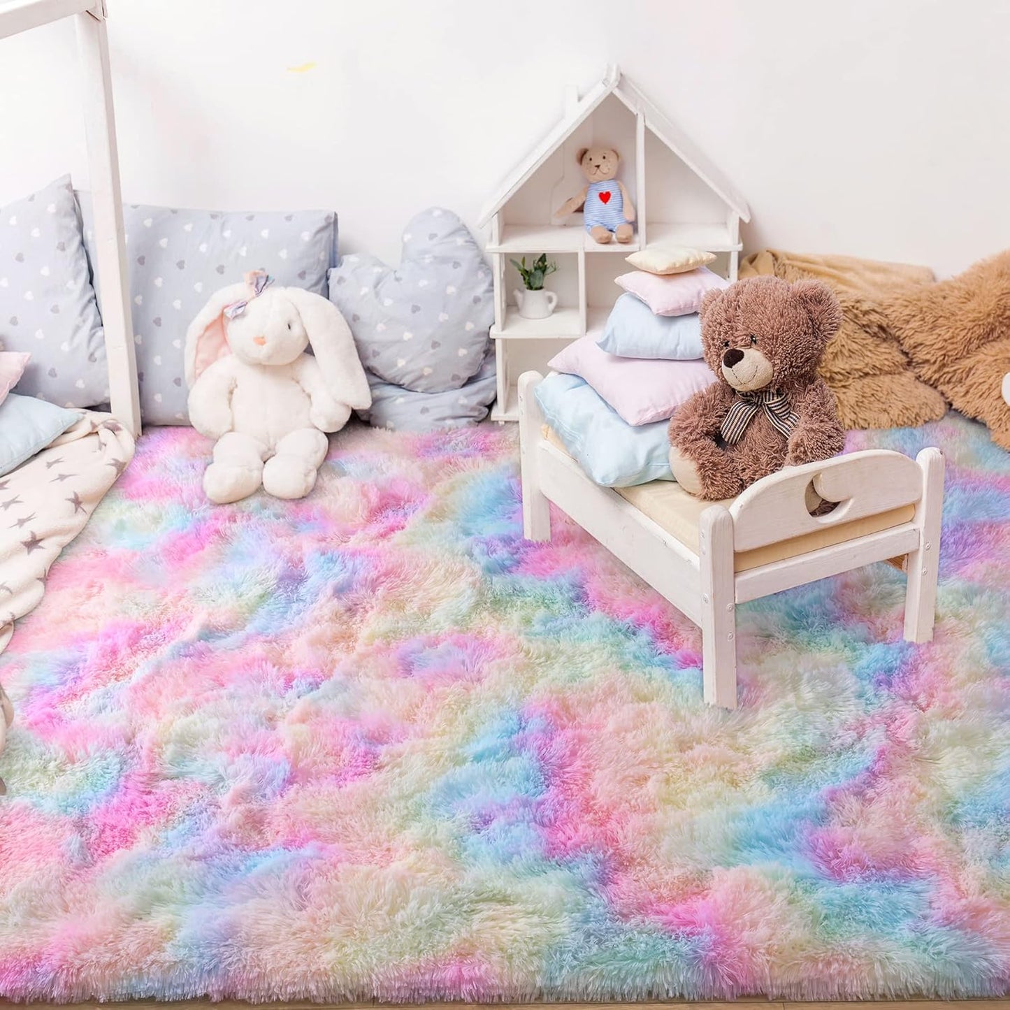 Bonita alfombra de área de arcoíris para dormitorio de niñas, alfombra mullida