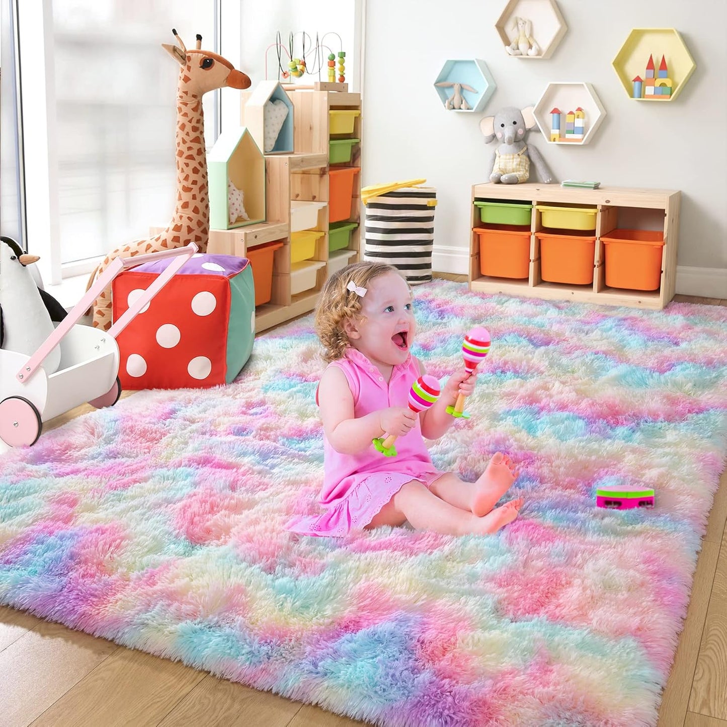 Bonita alfombra de área de arcoíris para dormitorio de niñas, alfombra mullida
