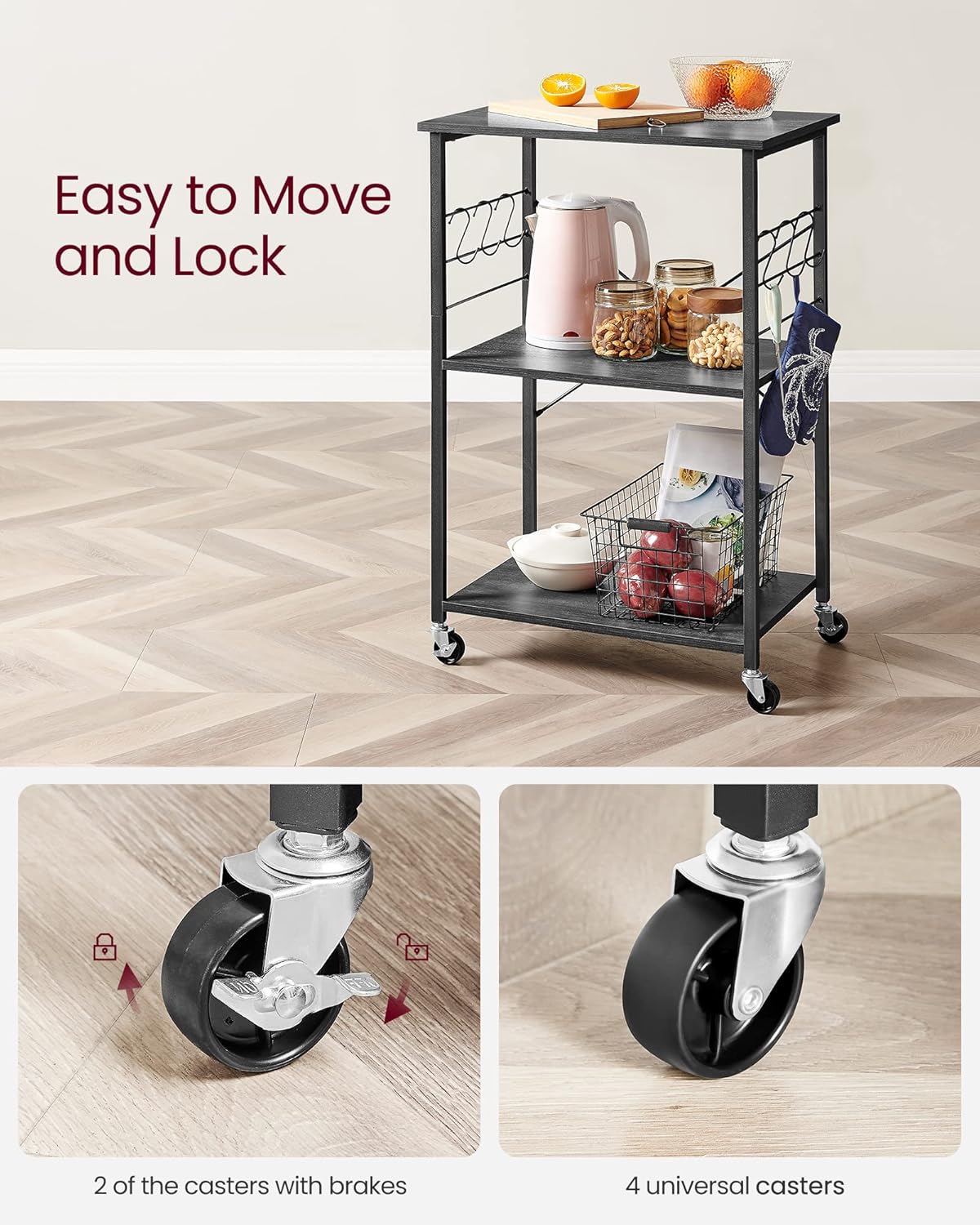 VASAGLE Estante de cocina con ruedas, carrito de servicio con 3 estantes,