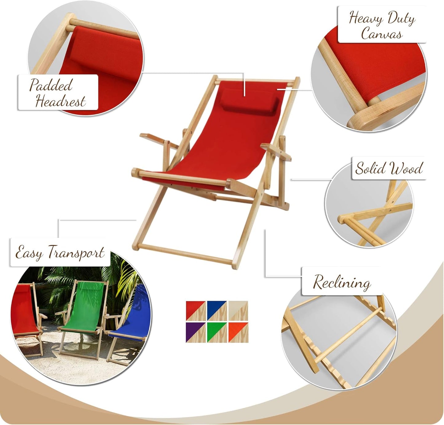 Silla ajustable con marco natural, lona roja