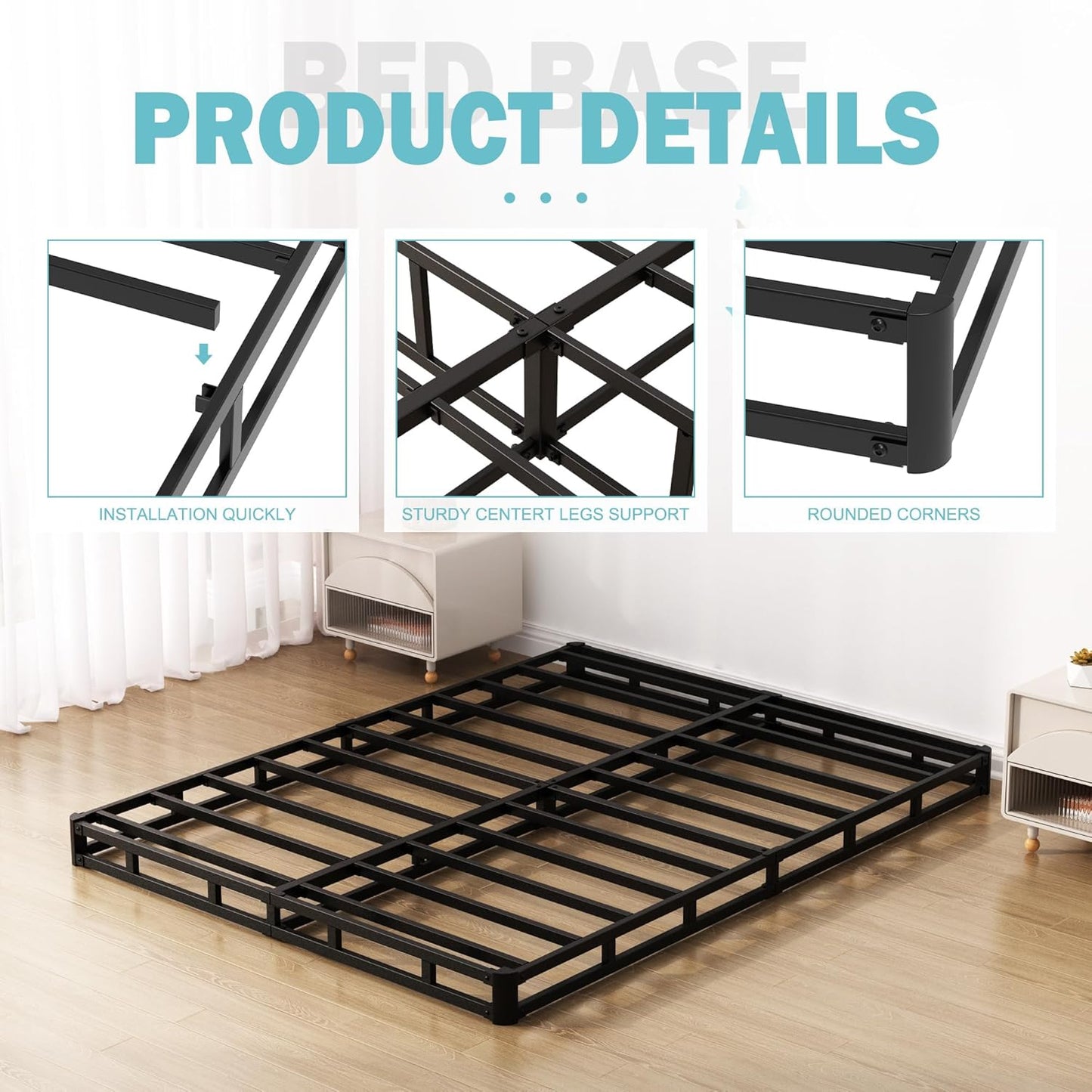 Base de cama King Box Spring de 4 pulgadas, base de colchón de metal de perfil