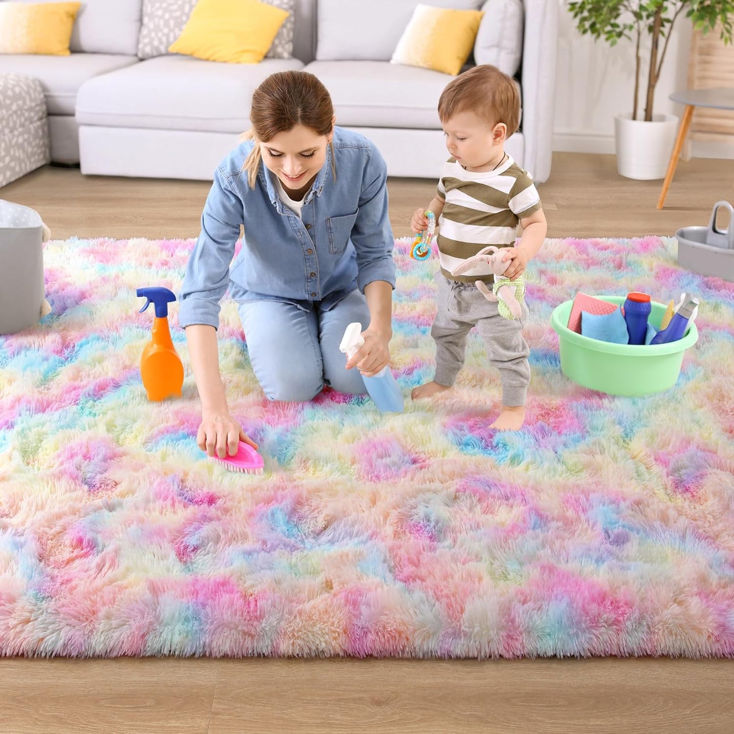 Bonita alfombra de área de arcoíris para dormitorio de niñas, alfombra mullida