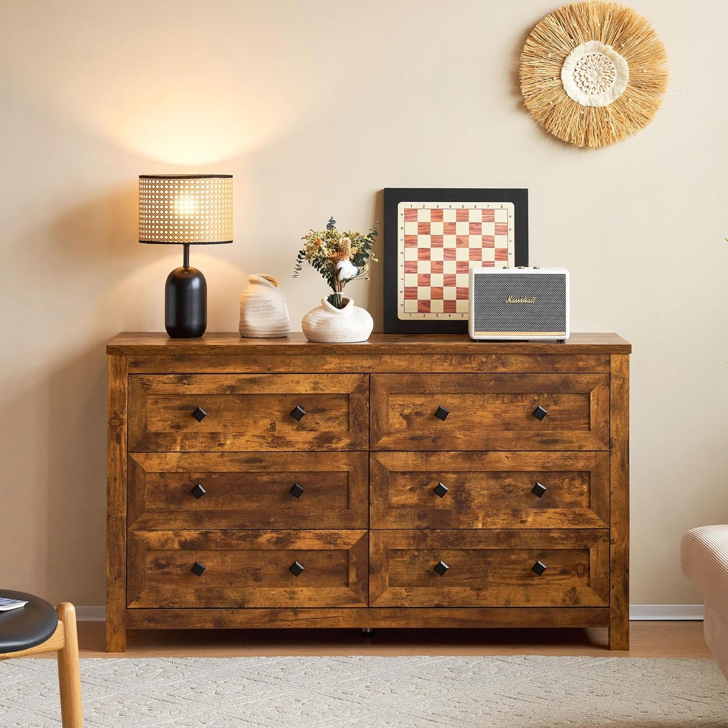 Cómoda de 6 cajones para dormitorio, cómoda de madera de granja con textura de