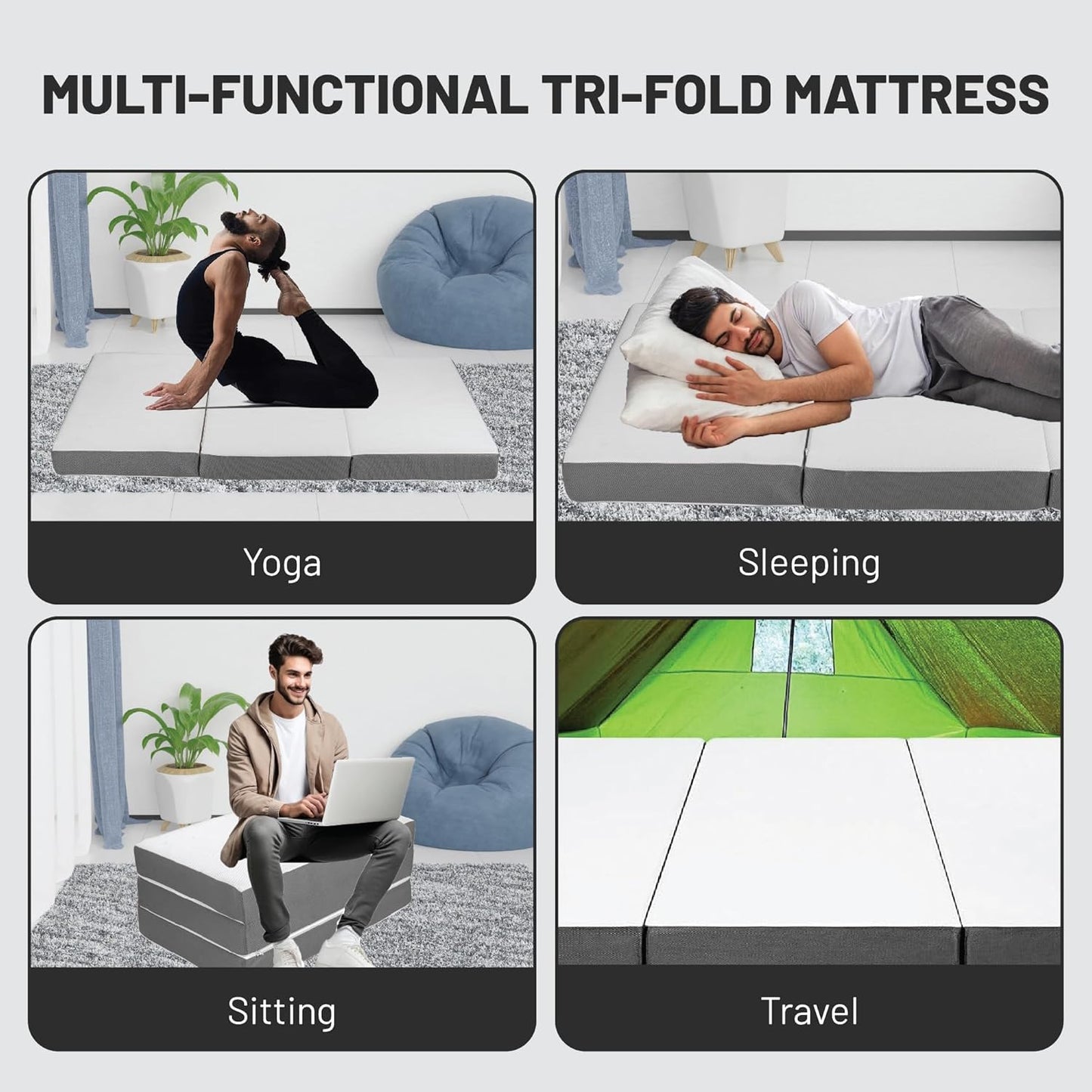 Mayton Colchón portátil de espuma viscoelástica de gel triple plegable de 4