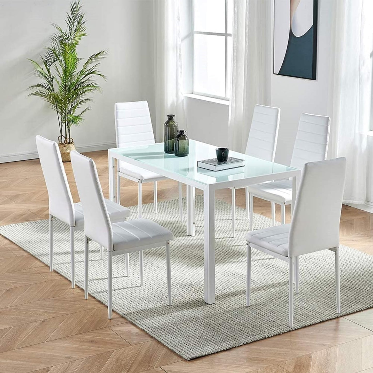 Mesa de comedor rectangular moderna con parte superior de vidrio blanco con