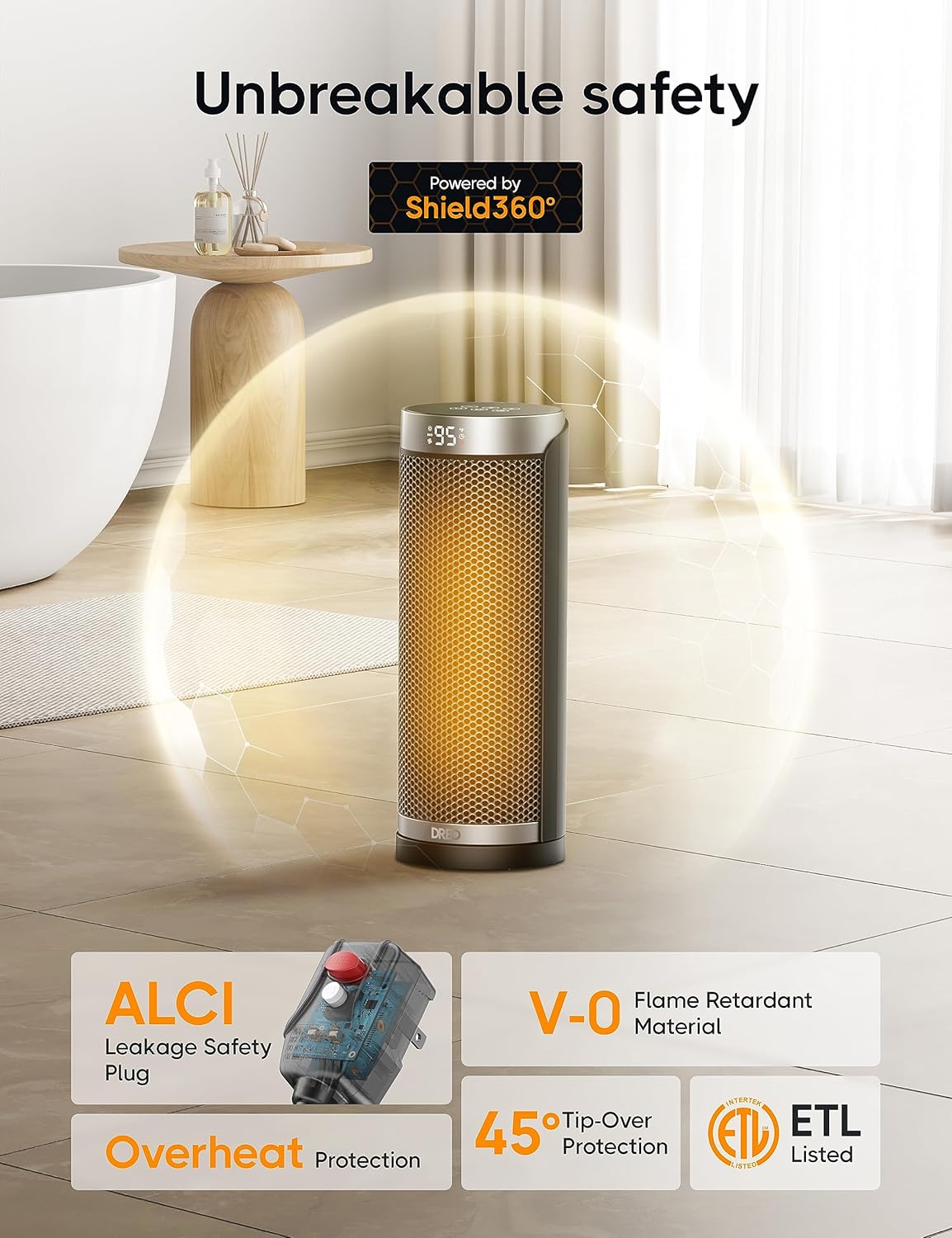 Calentador de espacio para baño e interior, oscilante de 70, 5 modos, control