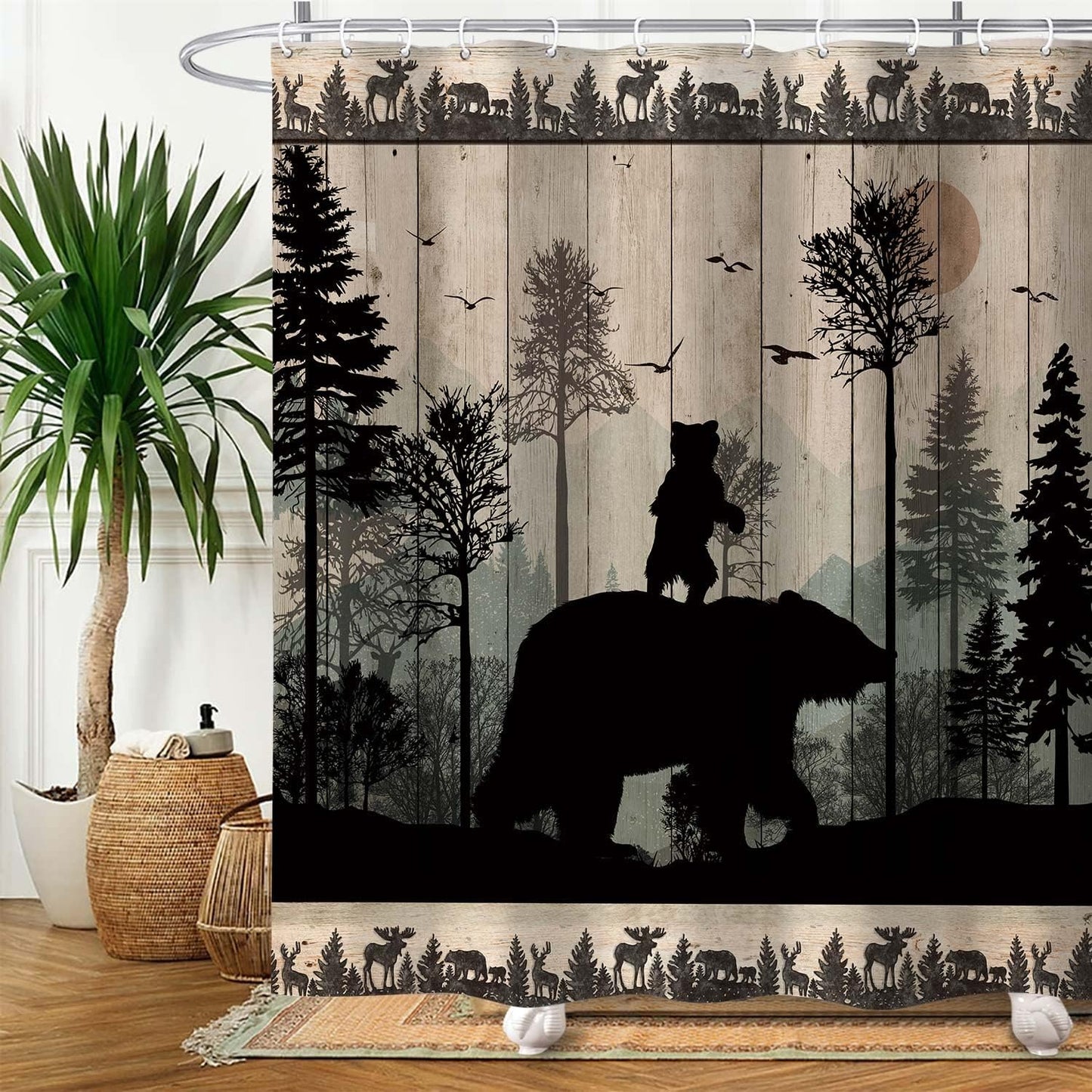 Juego de cortinas de ducha de oso rústico, diseño de bosque y bosque, caza,