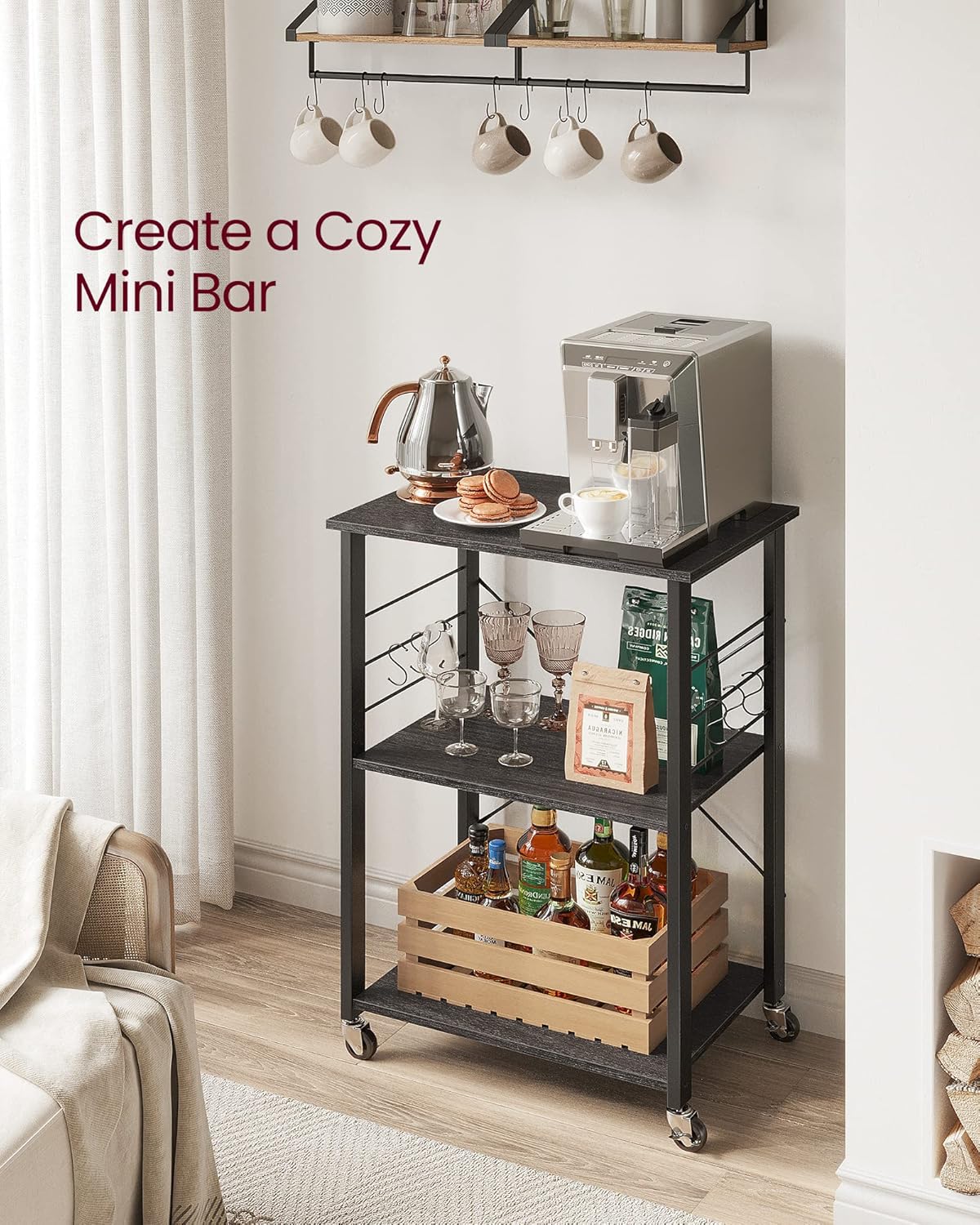VASAGLE Estante de cocina con ruedas, carrito de servicio con 3 estantes,