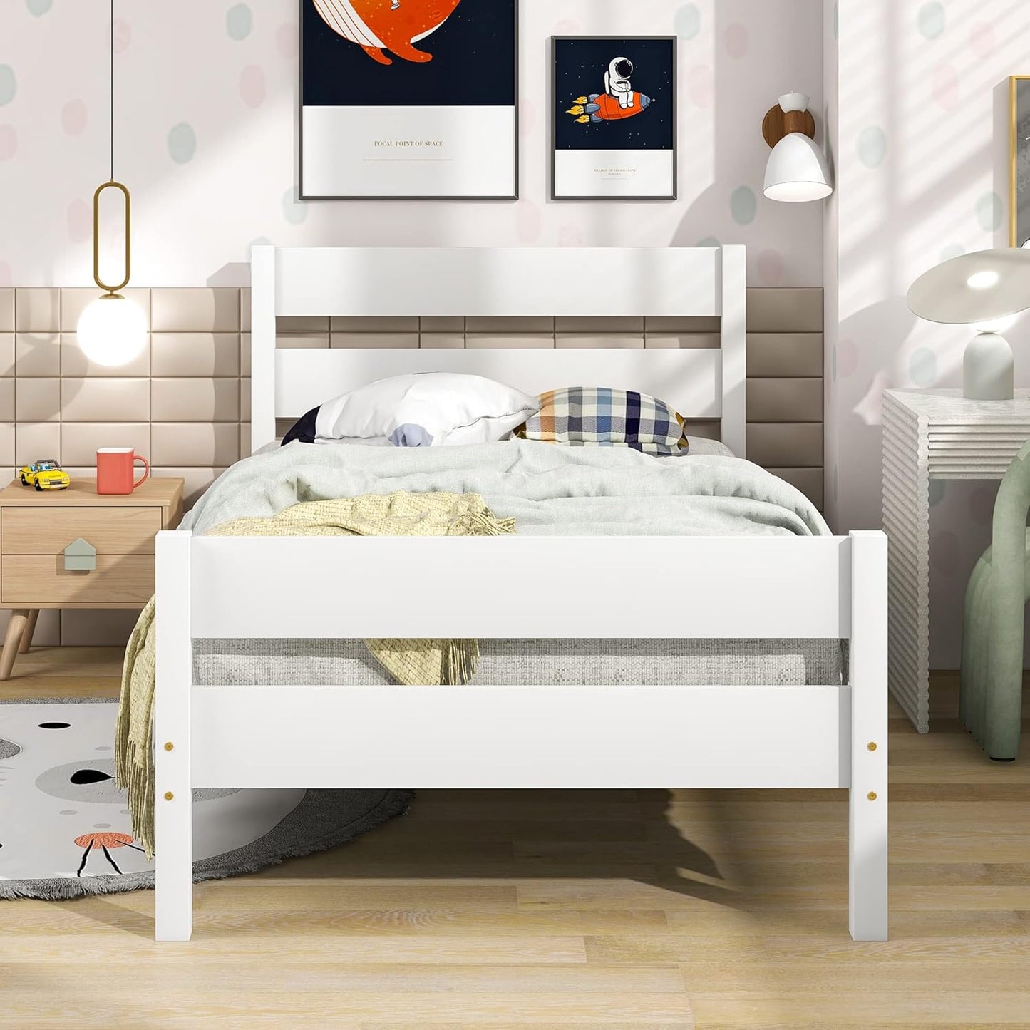 Base de cama individual de madera con cabecero y estribo, base de colchón de