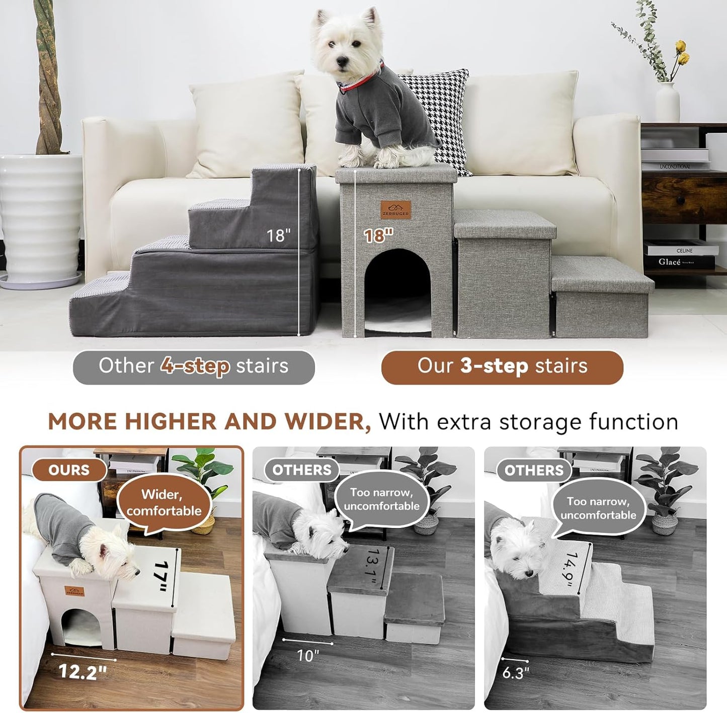 Dog Stairs, Dog Steps for High Beds 17.5"H, Folding Pet Stairs for Small Medium