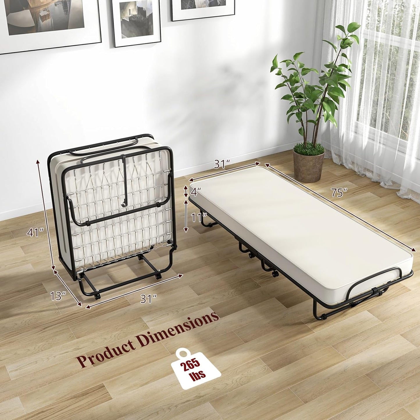 Cama plegable con colchón, cama plegable para invitados con colchón de 4