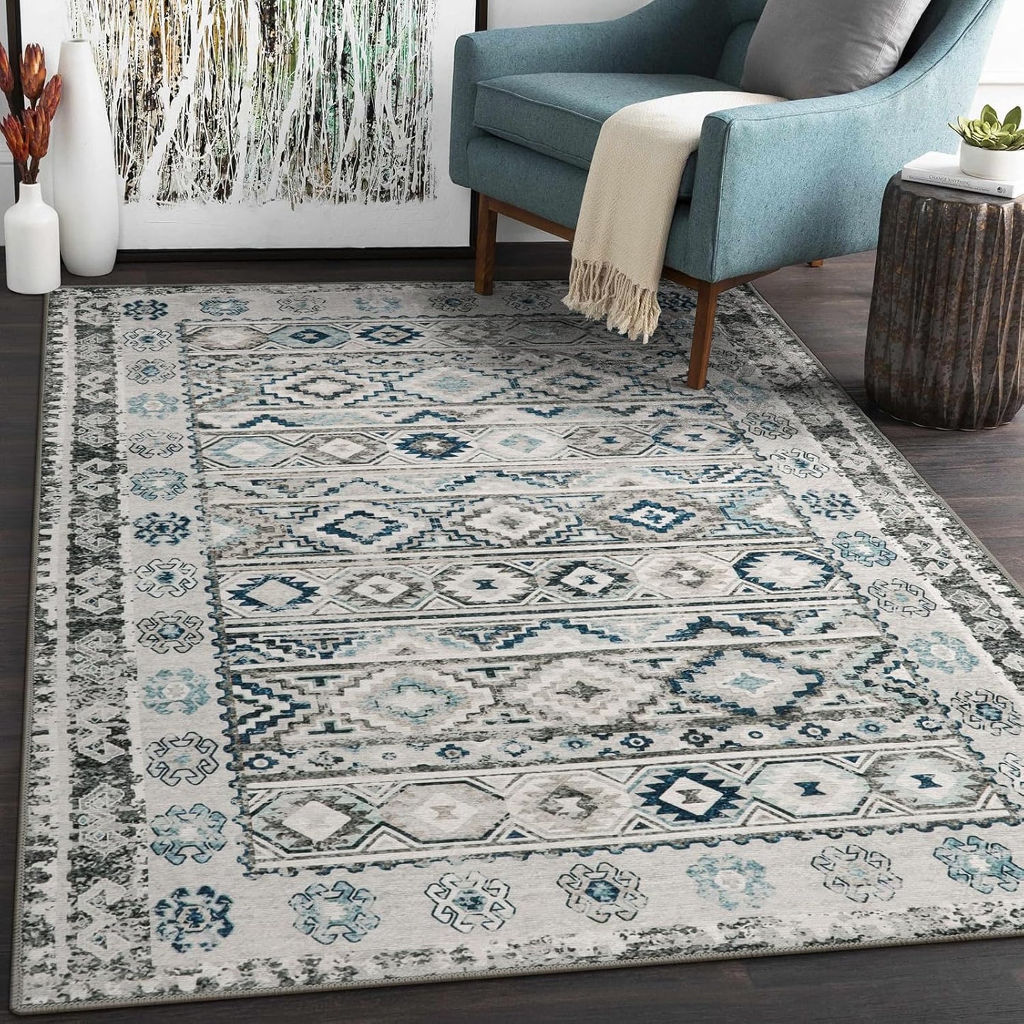 Alfombra bohemia lavable, antideslizante de 3 x 5 pies, color gris, alfombra
