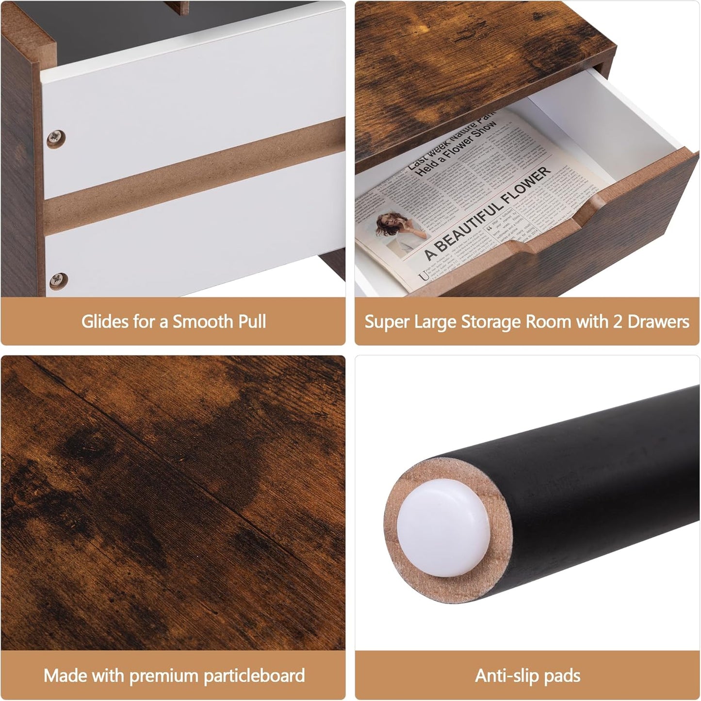Juego de 2 mesitas de noche con cajones, mesitas de noche con patas de madera