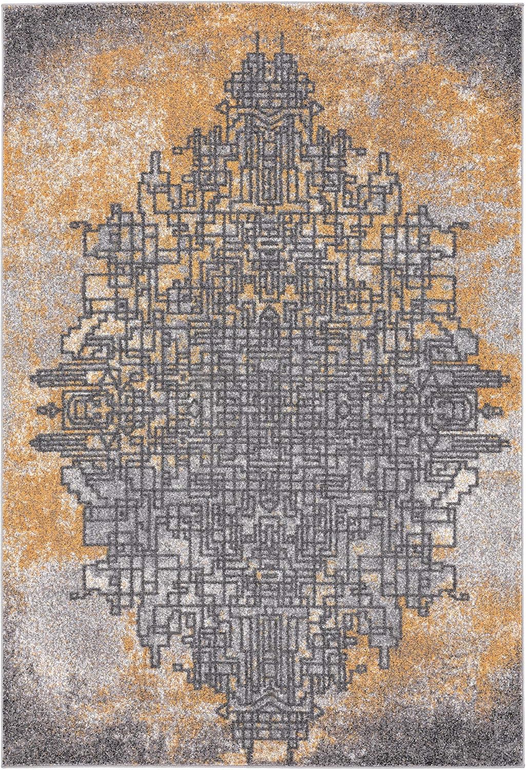 Alfombra de arte abstracto gris y amarillo, alfombra de estilo contemporáneo,