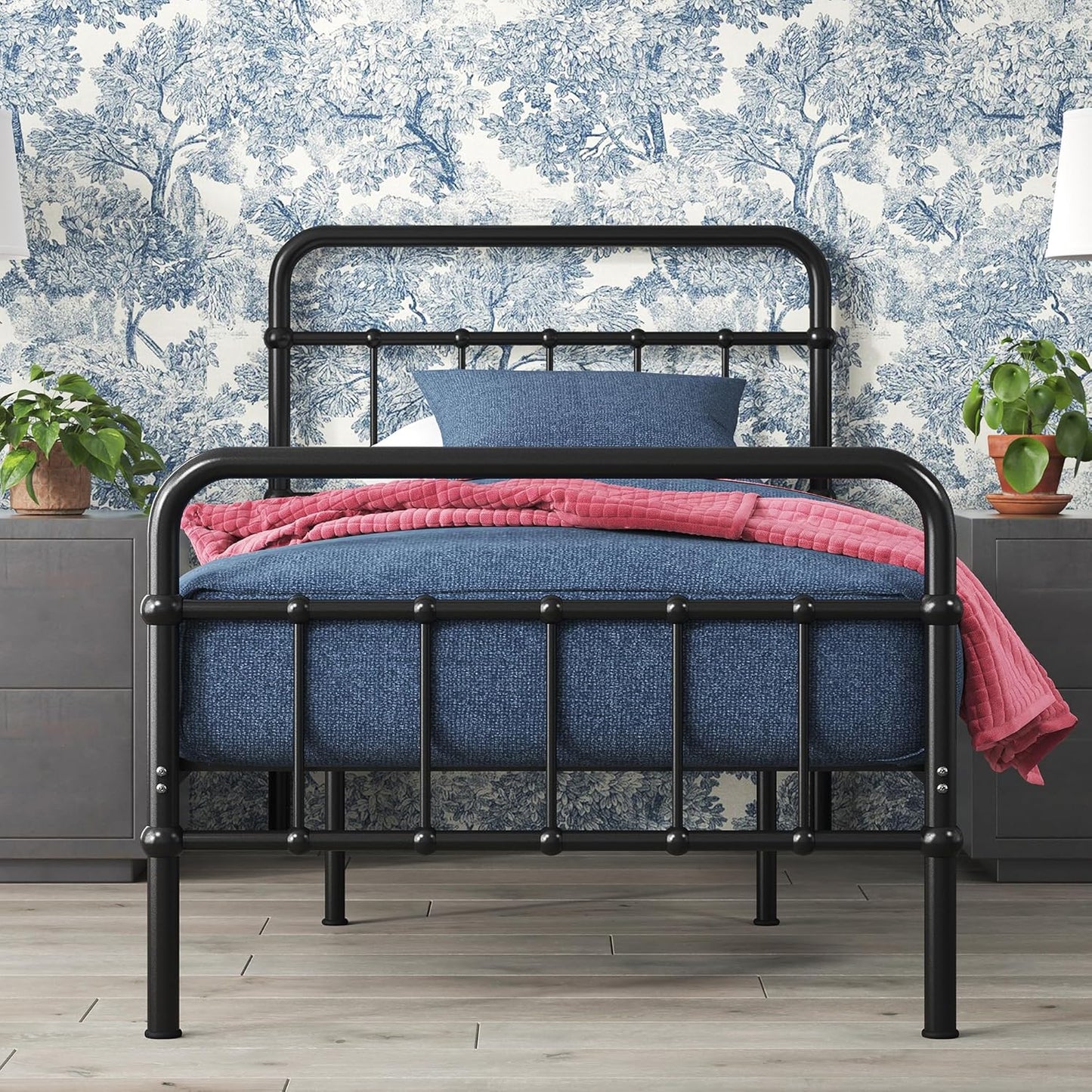 Florence Base de cama con plataforma de metal, base de colchón, no necesita