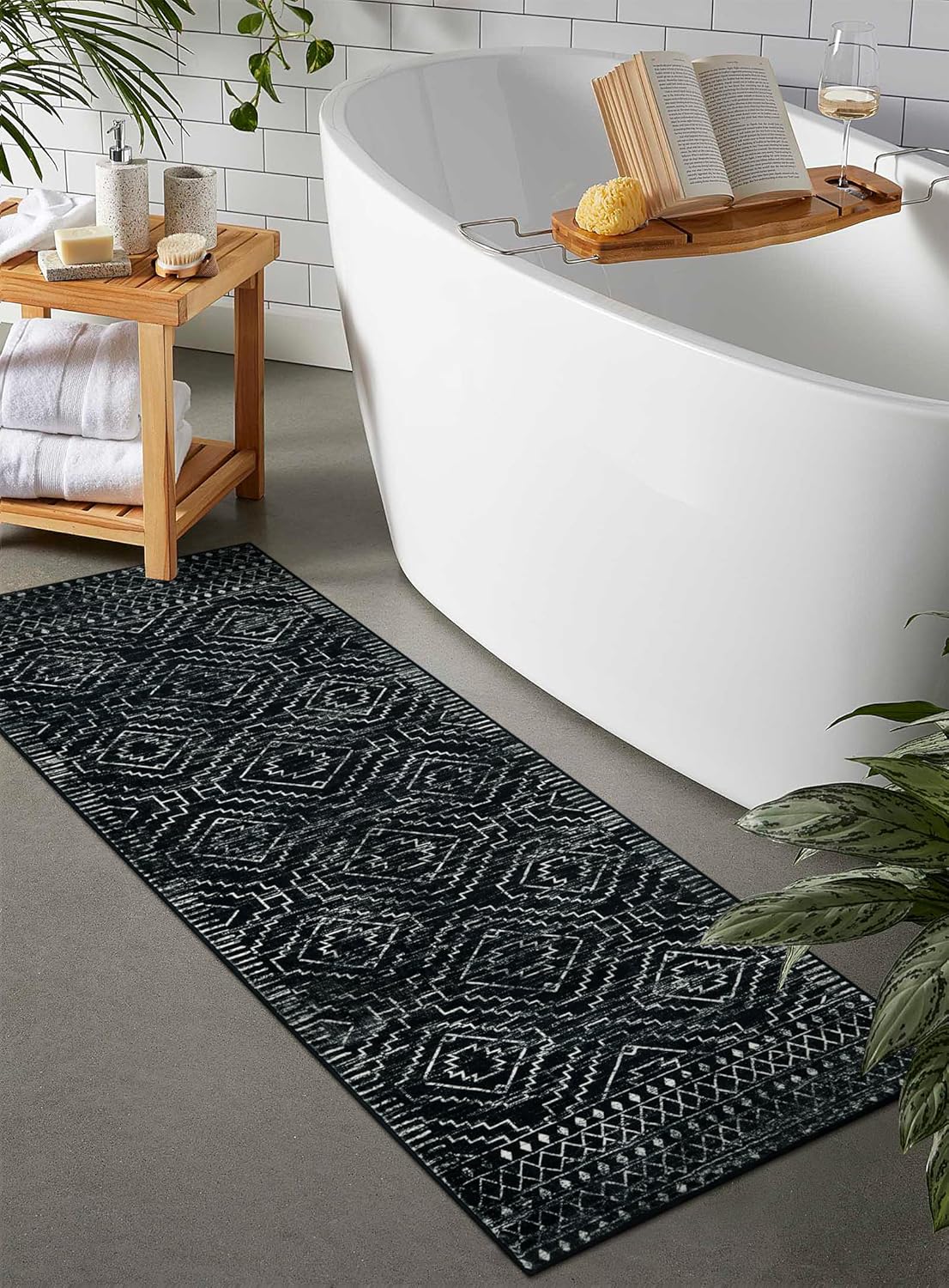 Alfombra de pasillo de cocina lavable de 2 x 6, tapete marroquí negro para