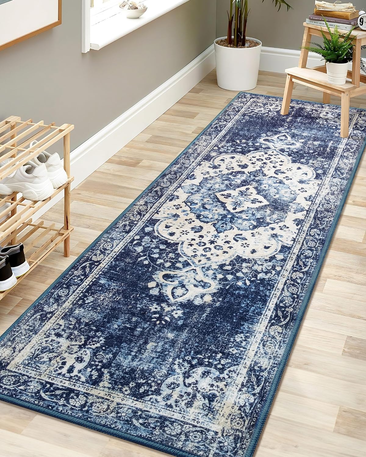Alfombra de pasillo lavable de 2 x 6 pies, color azul, estilo bohemio, para