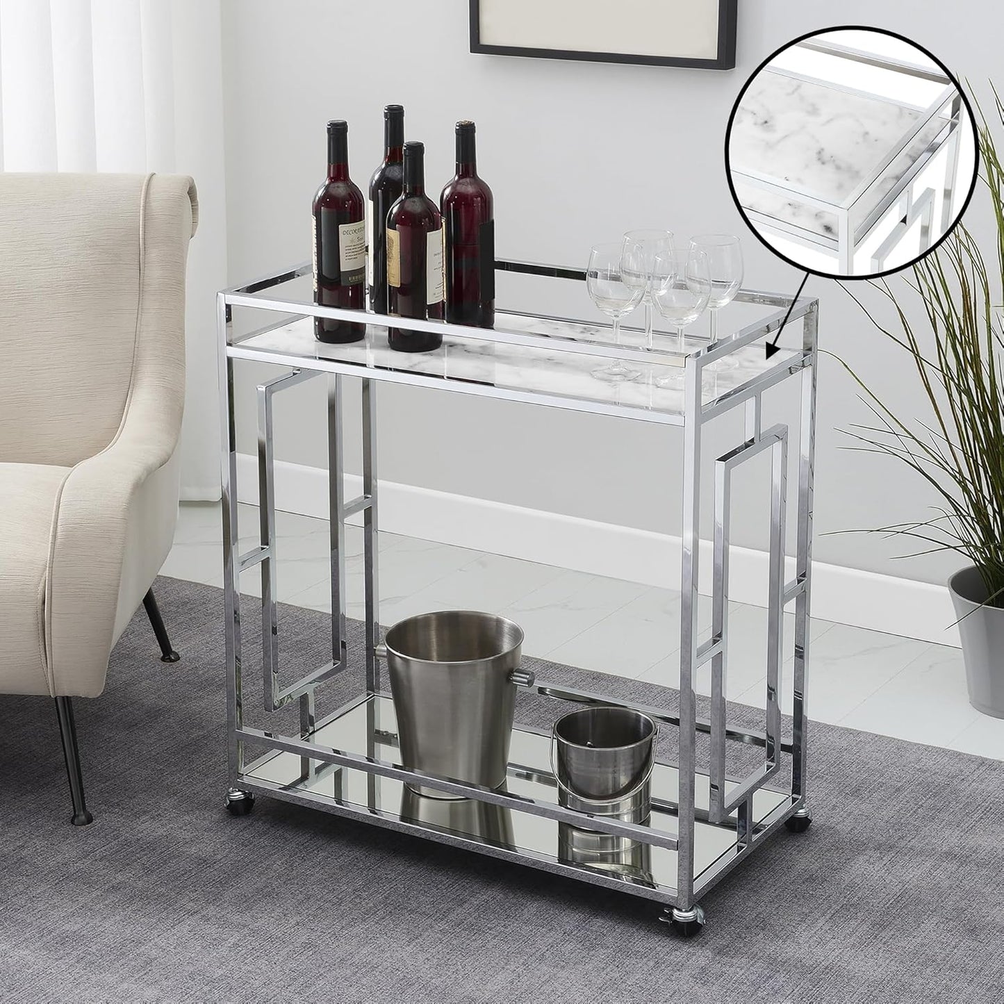Convenience Town Square Carrito de bar con espejo de 29.25 pulgadas, moderno y