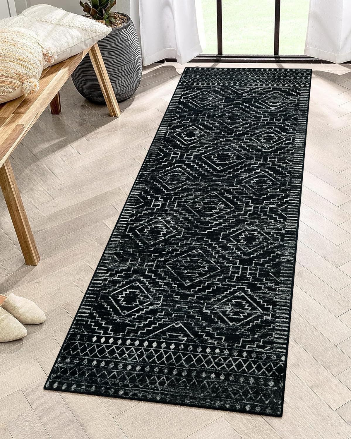 Alfombra de pasillo de cocina lavable de 2 x 6, tapete marroquí negro para