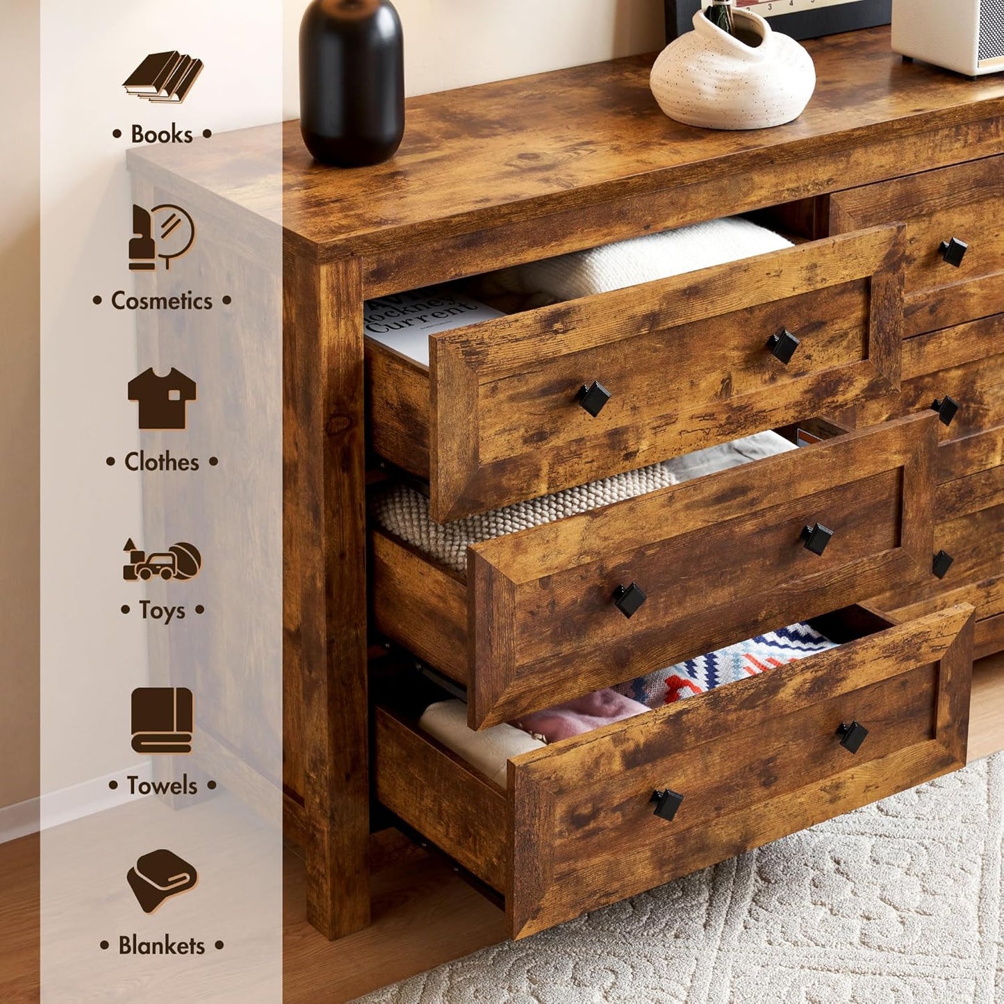 Cómoda de 6 cajones para dormitorio, cómoda de madera de granja con textura de