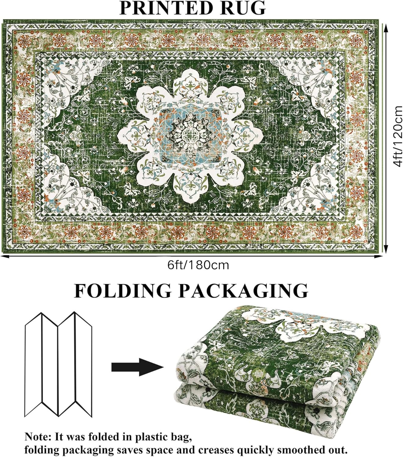 Alfombra bohemia vintage de 4 x 6 pies, lavable a máquina, de pelo bajo, no