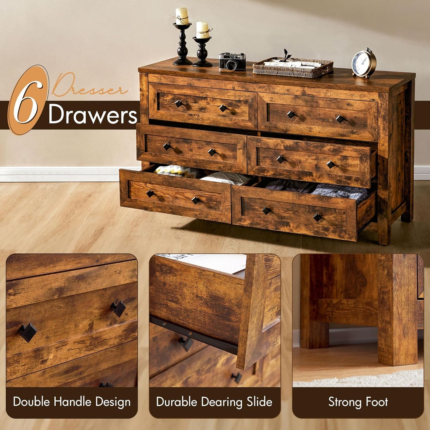 Cómoda de 6 cajones para dormitorio, cómoda de madera de granja con textura de