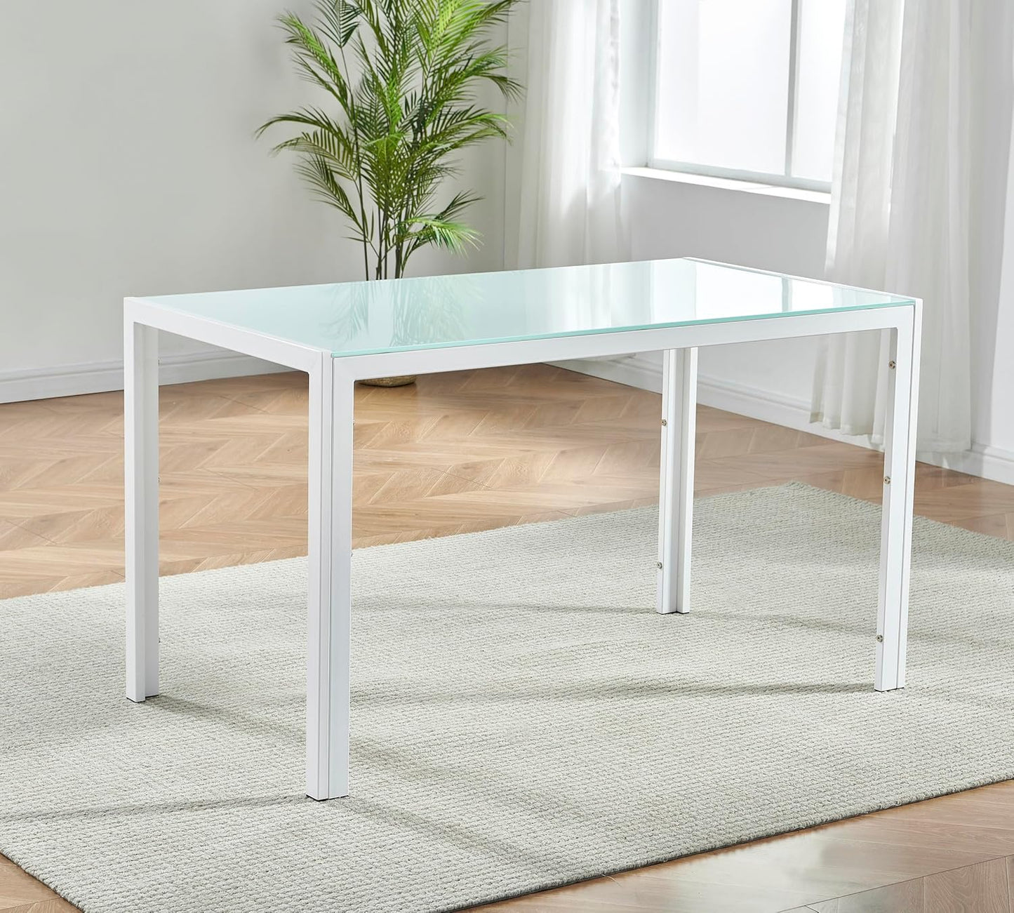 Mesa de comedor rectangular moderna con parte superior de vidrio blanco con