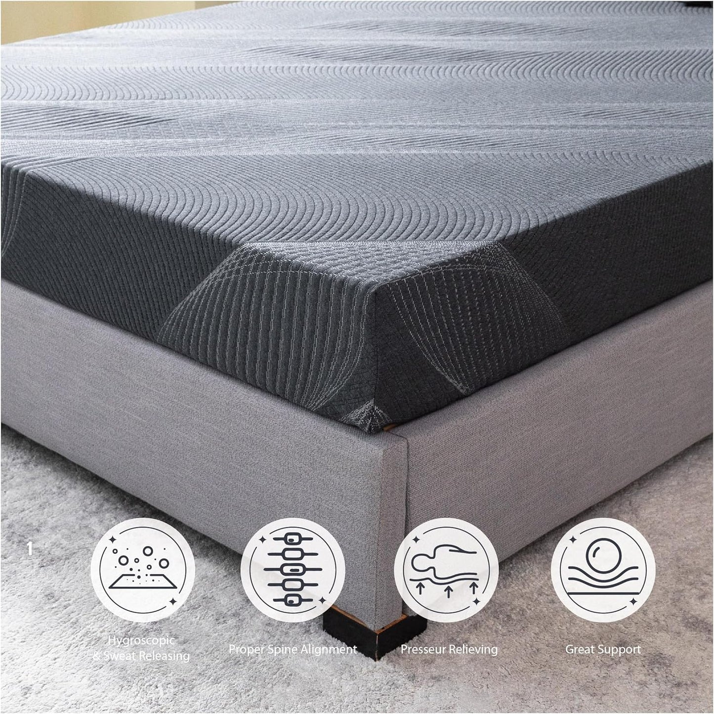 Colchón individual XL de espuma viscoelástica de carbón de 8 pulgadas en una