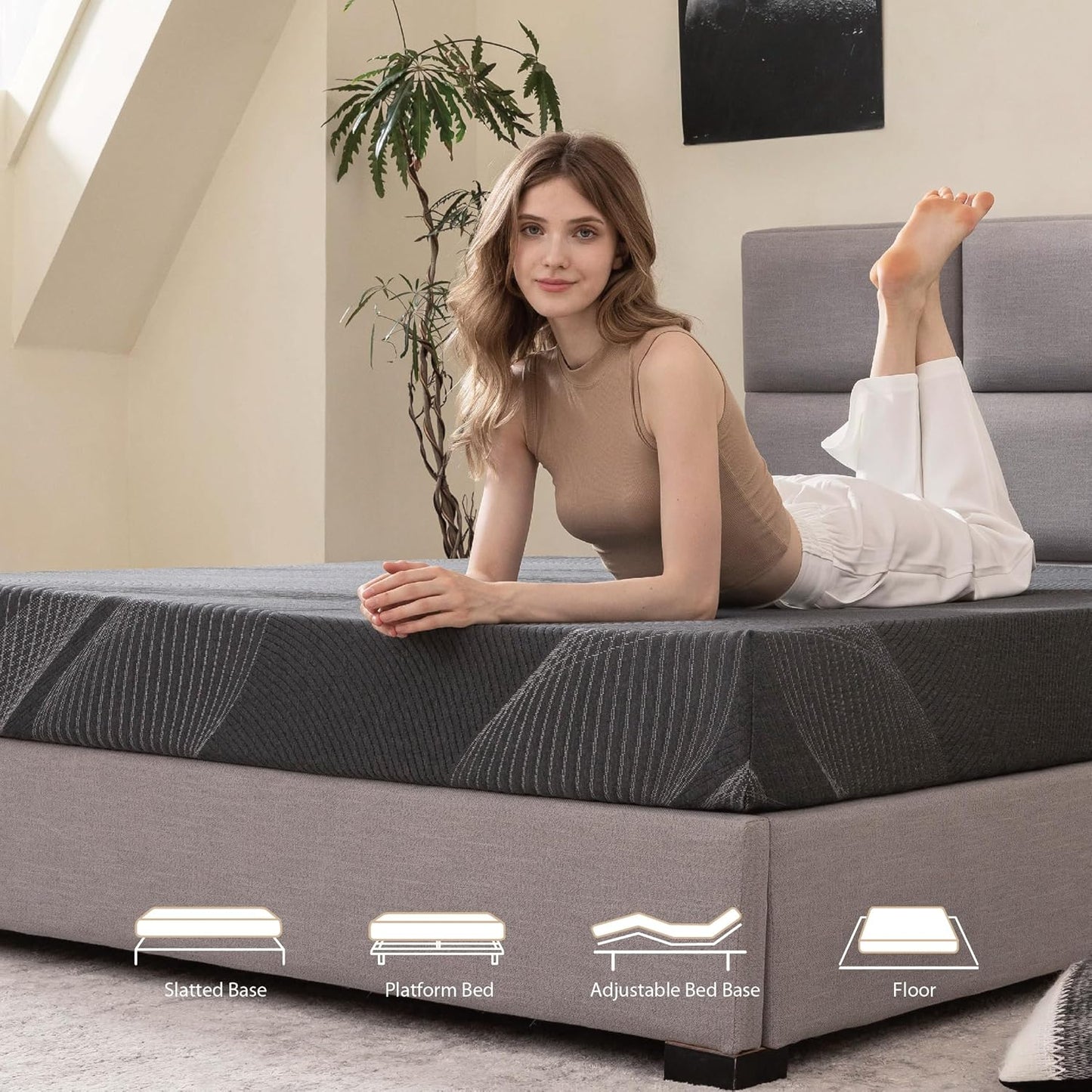 Colchón individual XL de espuma viscoelástica de carbón de 8 pulgadas en una