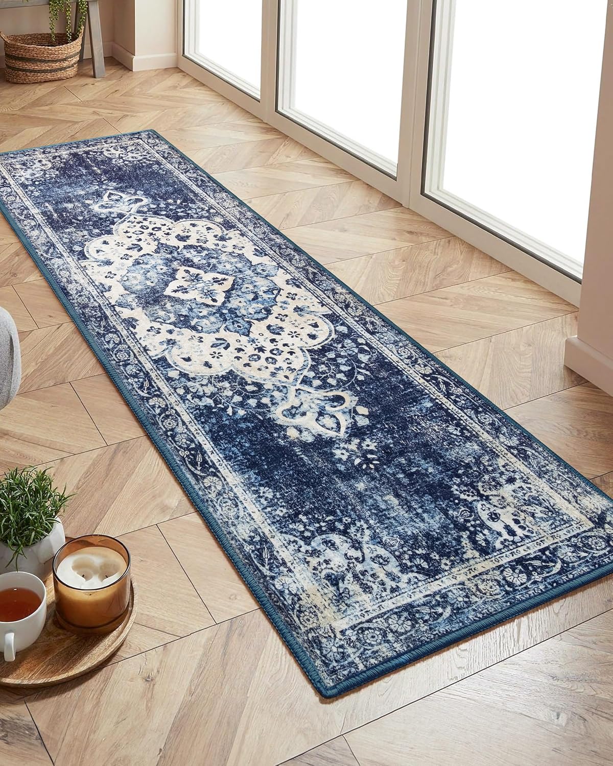 Alfombra de pasillo lavable de 2 x 6 pies, color azul, estilo bohemio, para