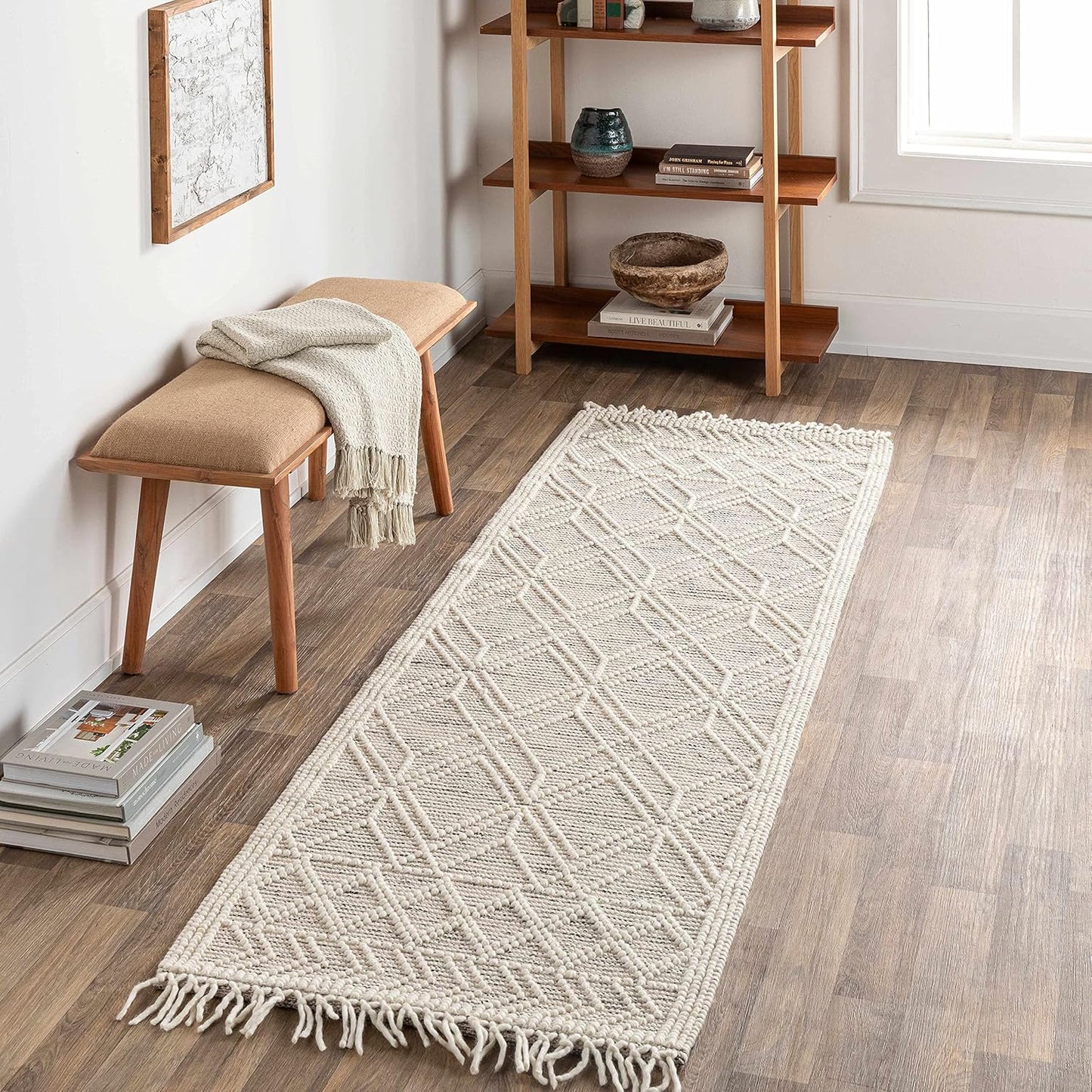 Ramsbury Alfombra marroquí de lana con borlas, alta y baja, lana con enrejado