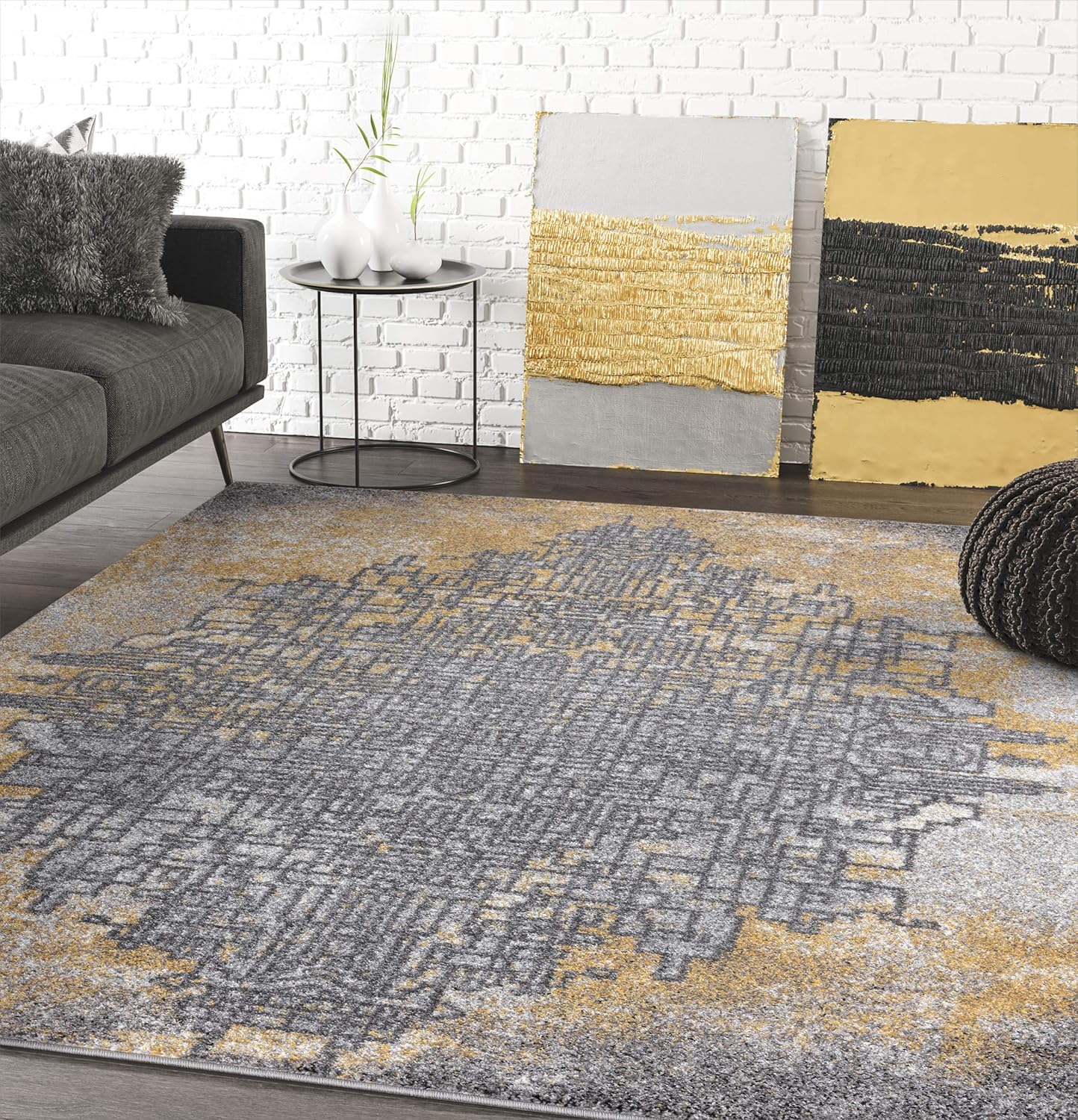 Alfombra de arte abstracto gris y amarillo, alfombra de estilo contemporáneo,