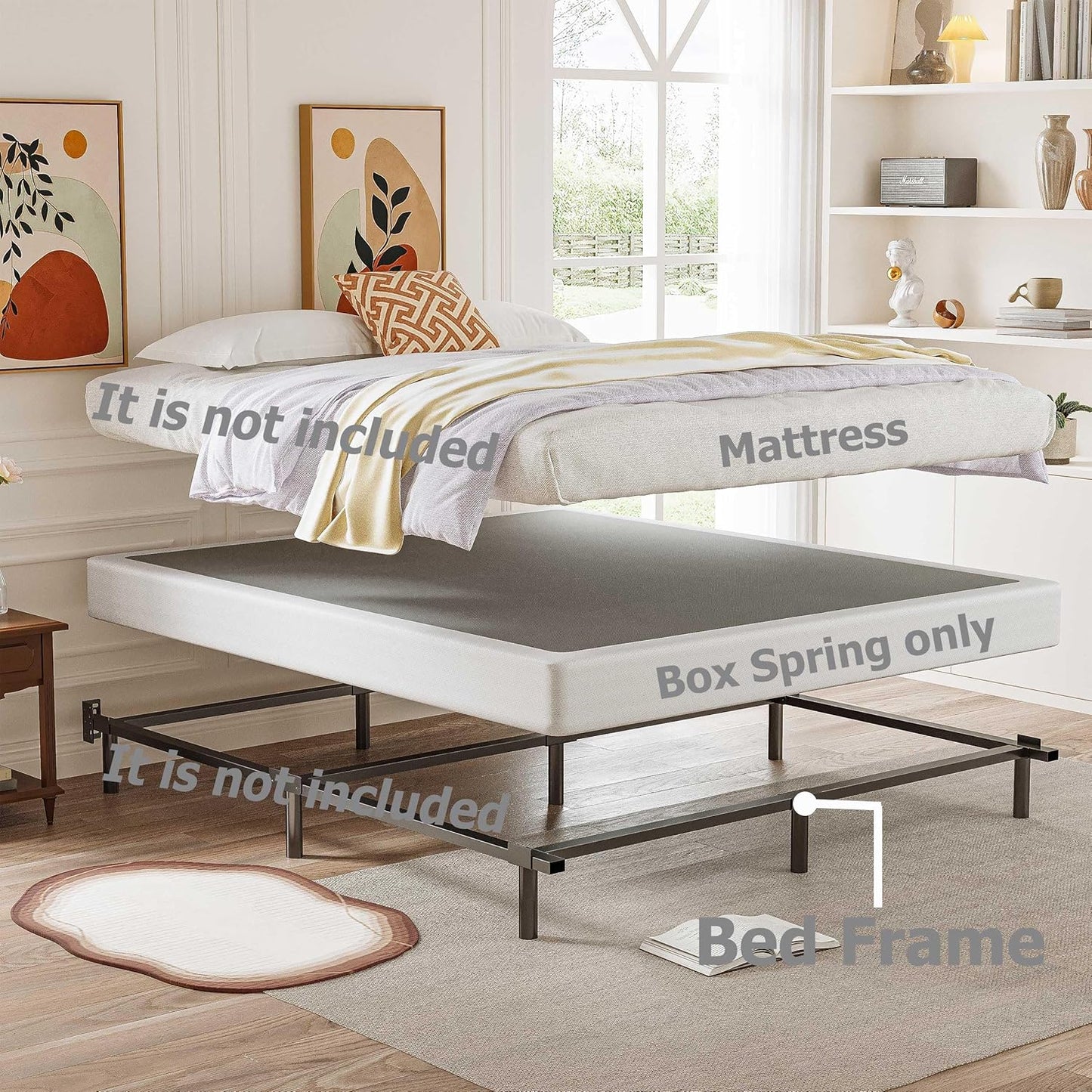 Box Spring Queen Base de colchón de metal de 5 pulgadas, estructura resistente