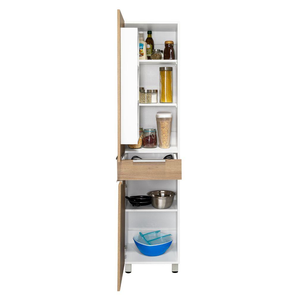Alacena Amir, Blanco y Beige, con Una Puerta Abatible con Almacenamiento Extra y Patas de Acero - VIRTUAL MUEBLES