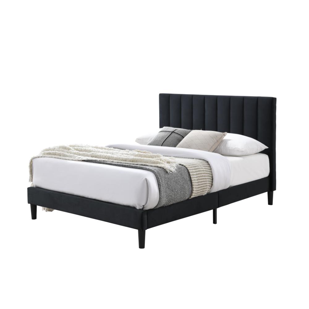 Cama Doble Lisa, Negro, madera roble tapizada