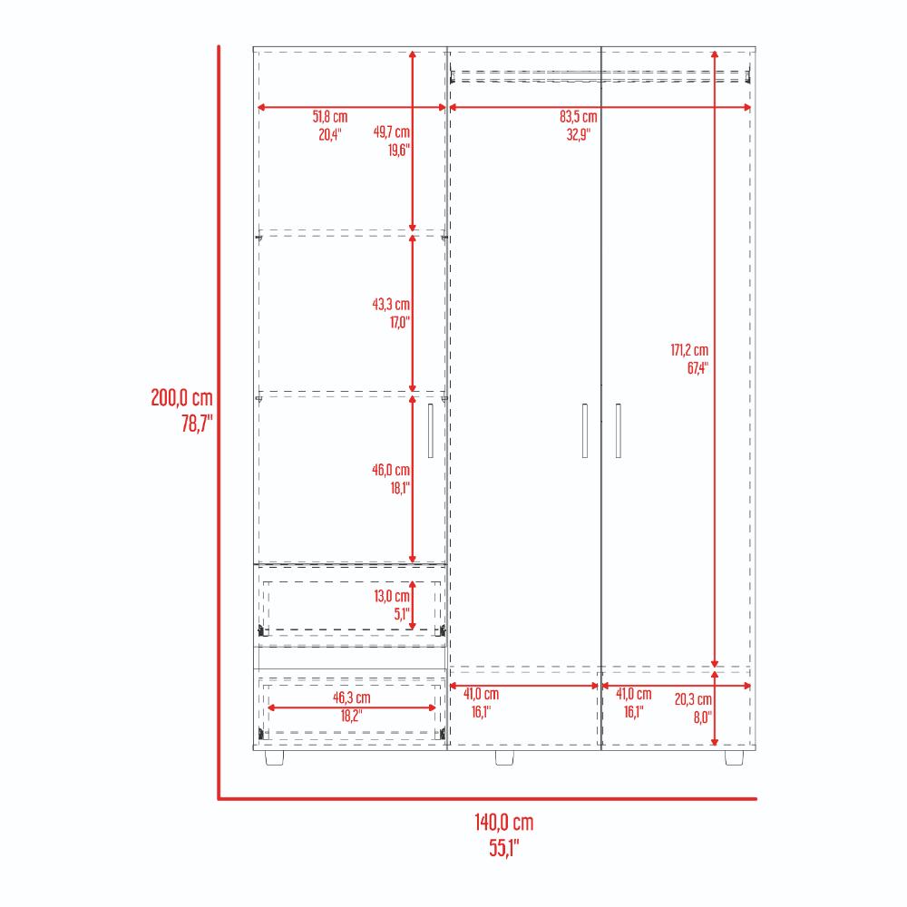 Closet Light 140, Nogal y Wengue, con tres puertas abatibles