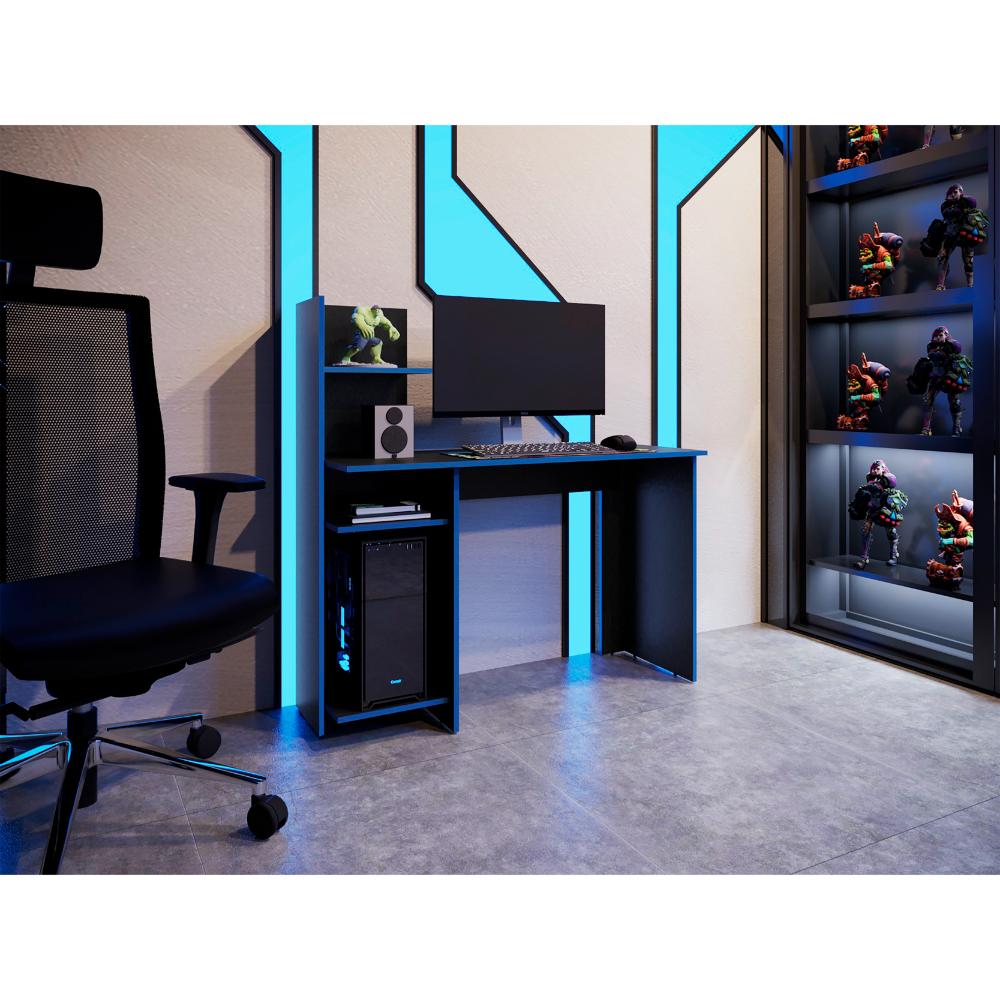 Escritorio Gamer Vilna, Wengue y Azul, con cuatro entrepaños