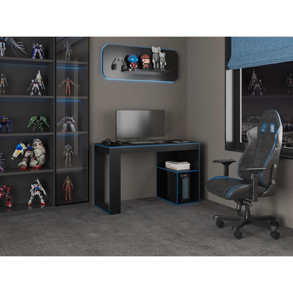 Escritorio Gamer Astana, Wengue y Azul, con dos entrepaños y amplia superficie