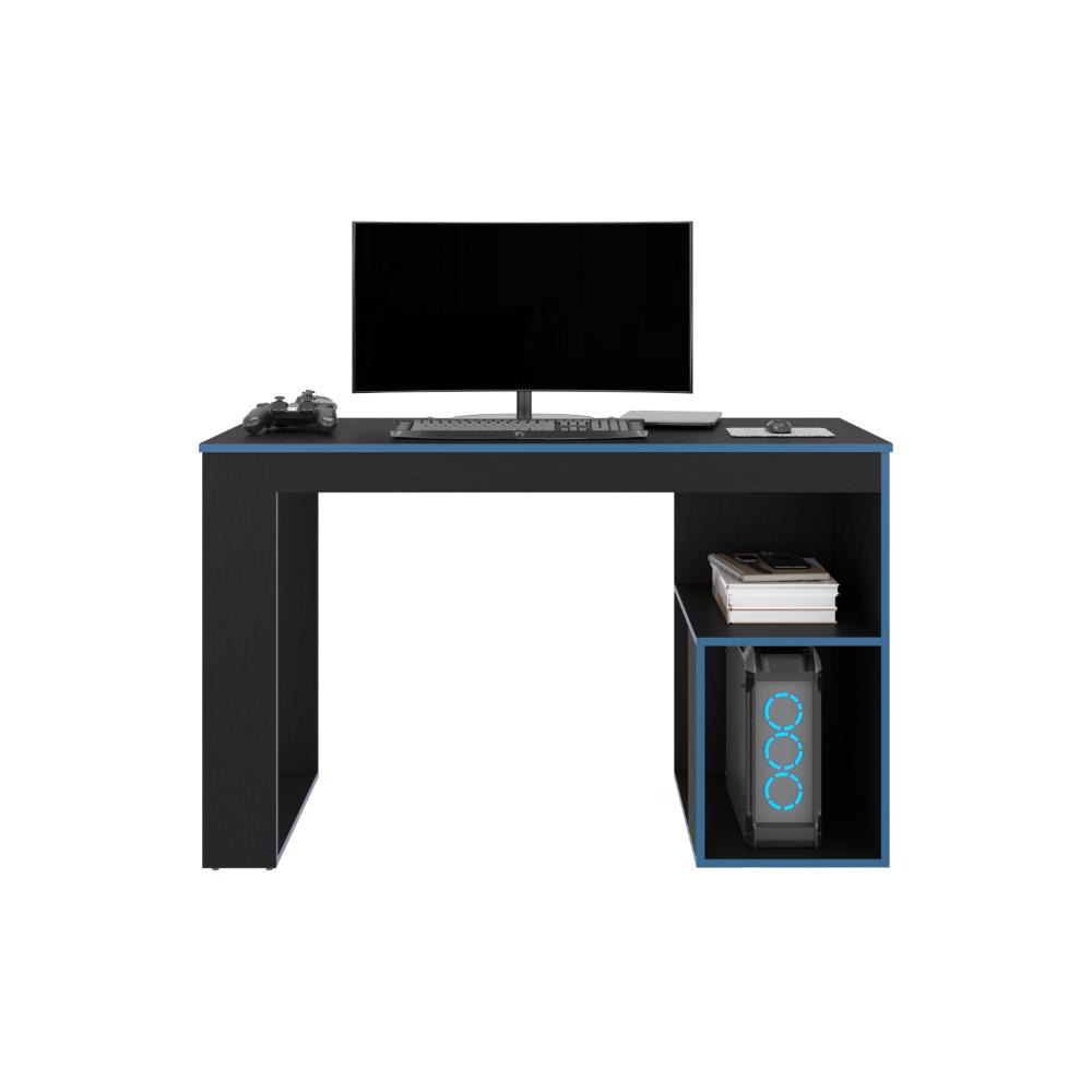 Escritorio Gamer Astana, Wengue y Azul, con dos entrepaños y amplia superficie