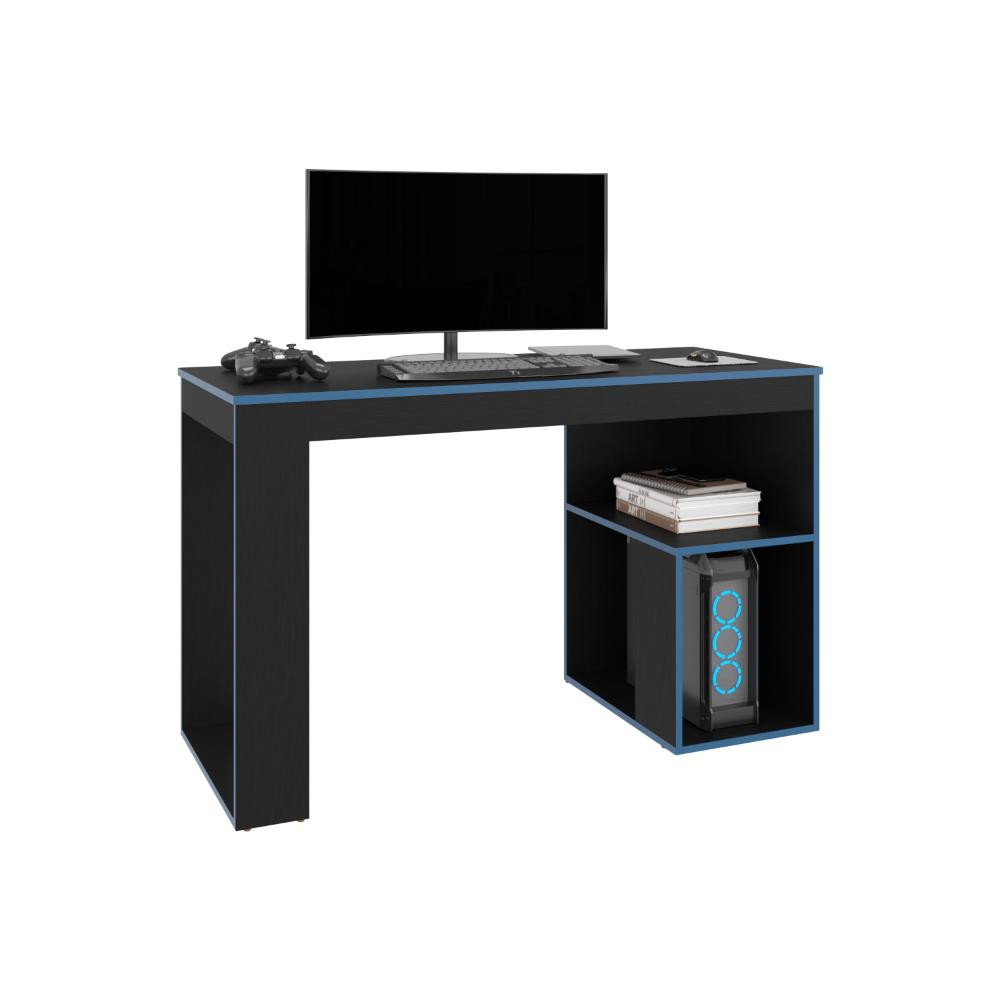 Escritorio Gamer Astana, Wengue y Azul, con dos entrepaños y amplia superficie