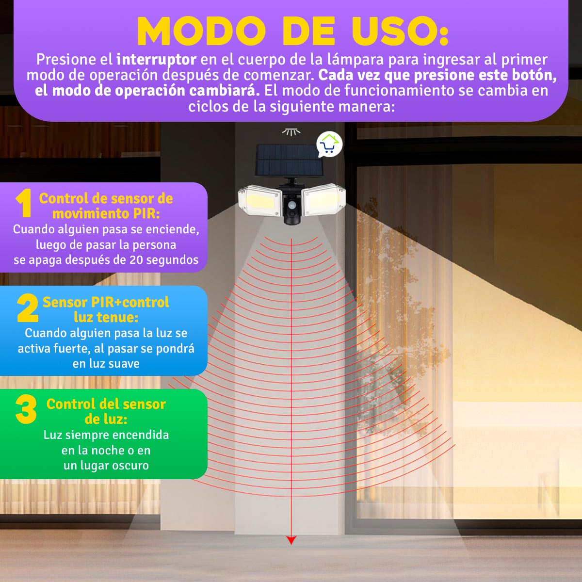 Lámpara Solar LED Exterior Para Pared Sensor De Movimiento SH078
